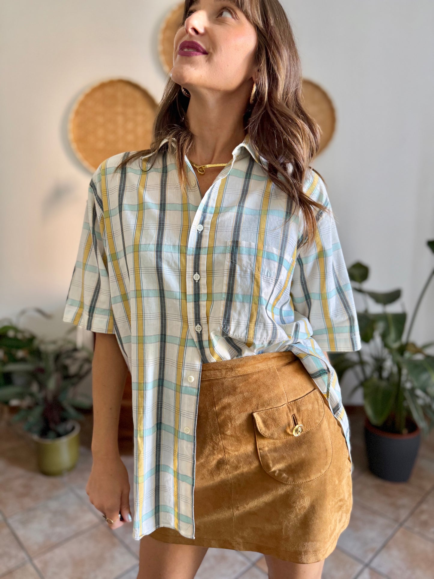 1970's vintage oversize cream, yellow and turquoise plaid shirt