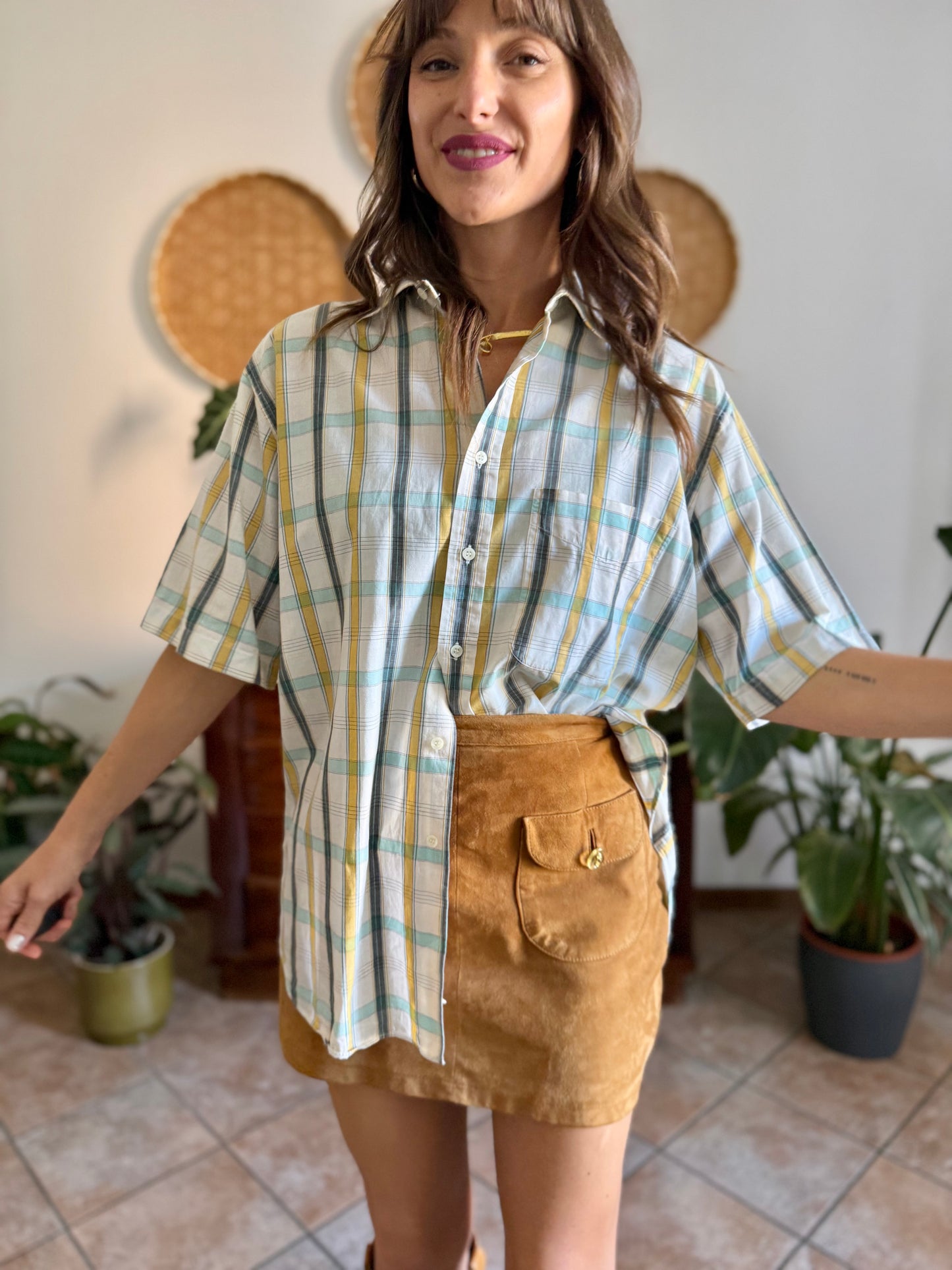 1970's vintage oversize cream, yellow and turquoise plaid shirt