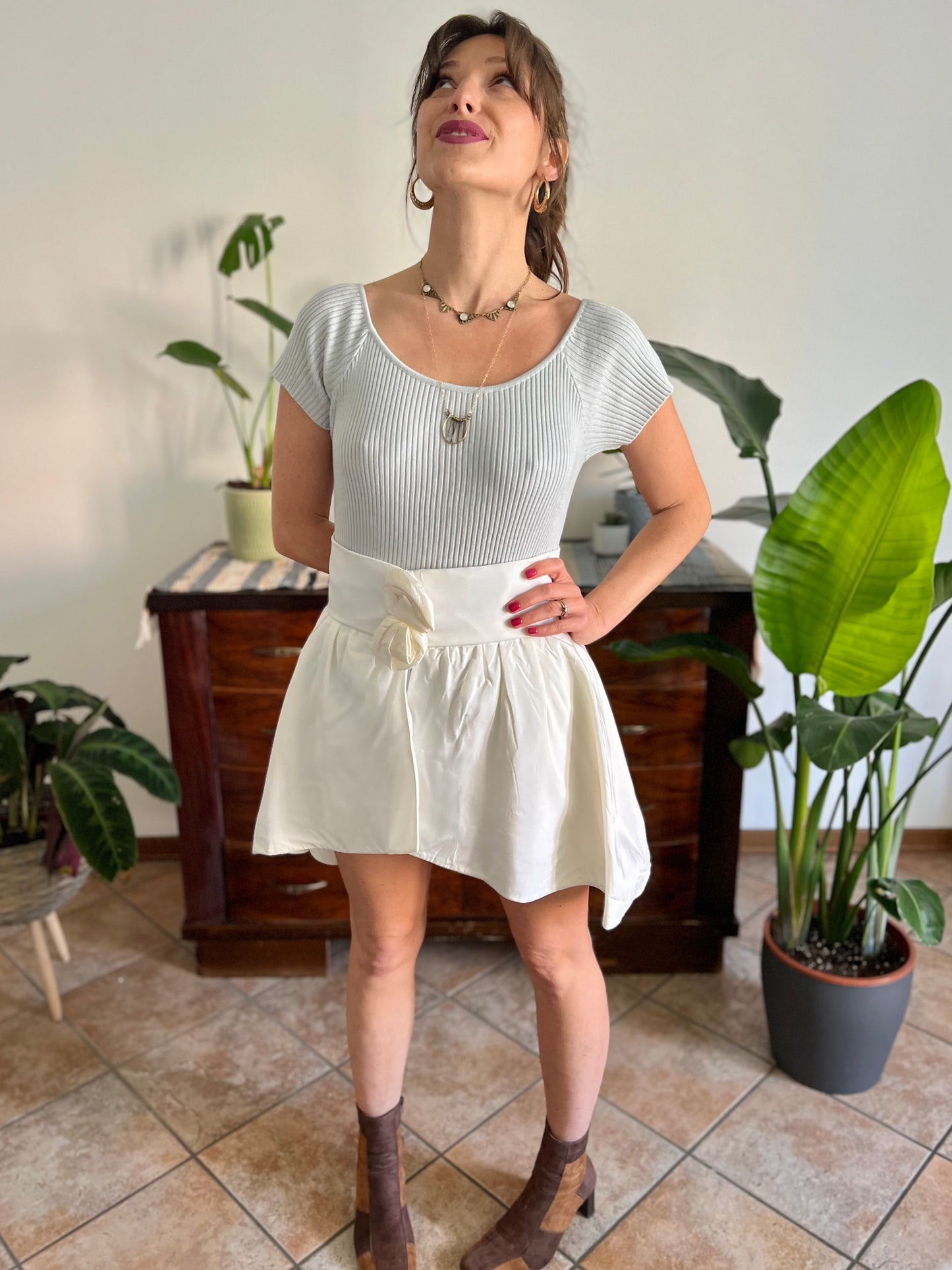 1980's vintage cream satin asymmetrical mini skirt with rosette details