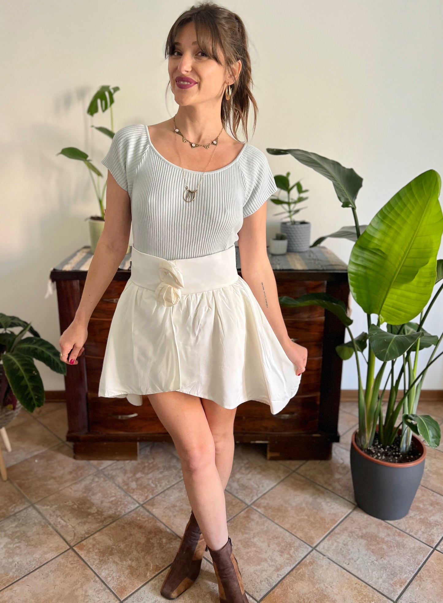 1980's vintage cream satin asymmetrical mini skirt with rosette details