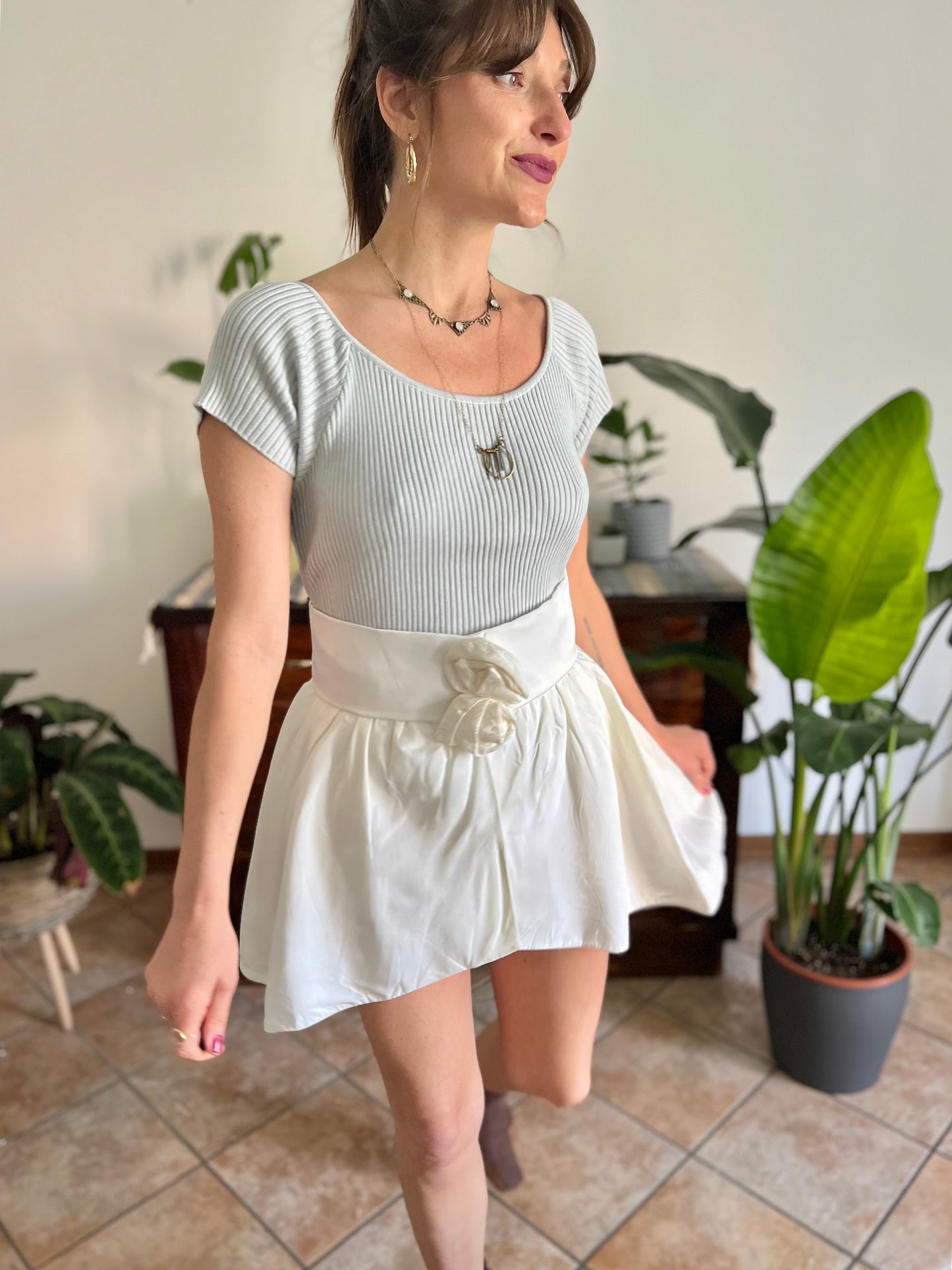 1980's vintage cream satin asymmetrical mini skirt with rosette details
