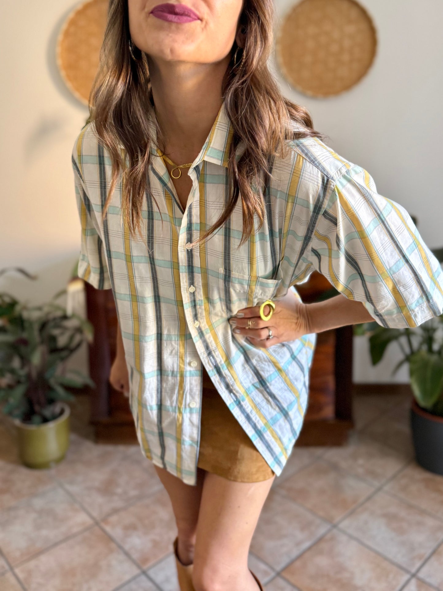 1970's vintage oversize cream, yellow and turquoise plaid shirt