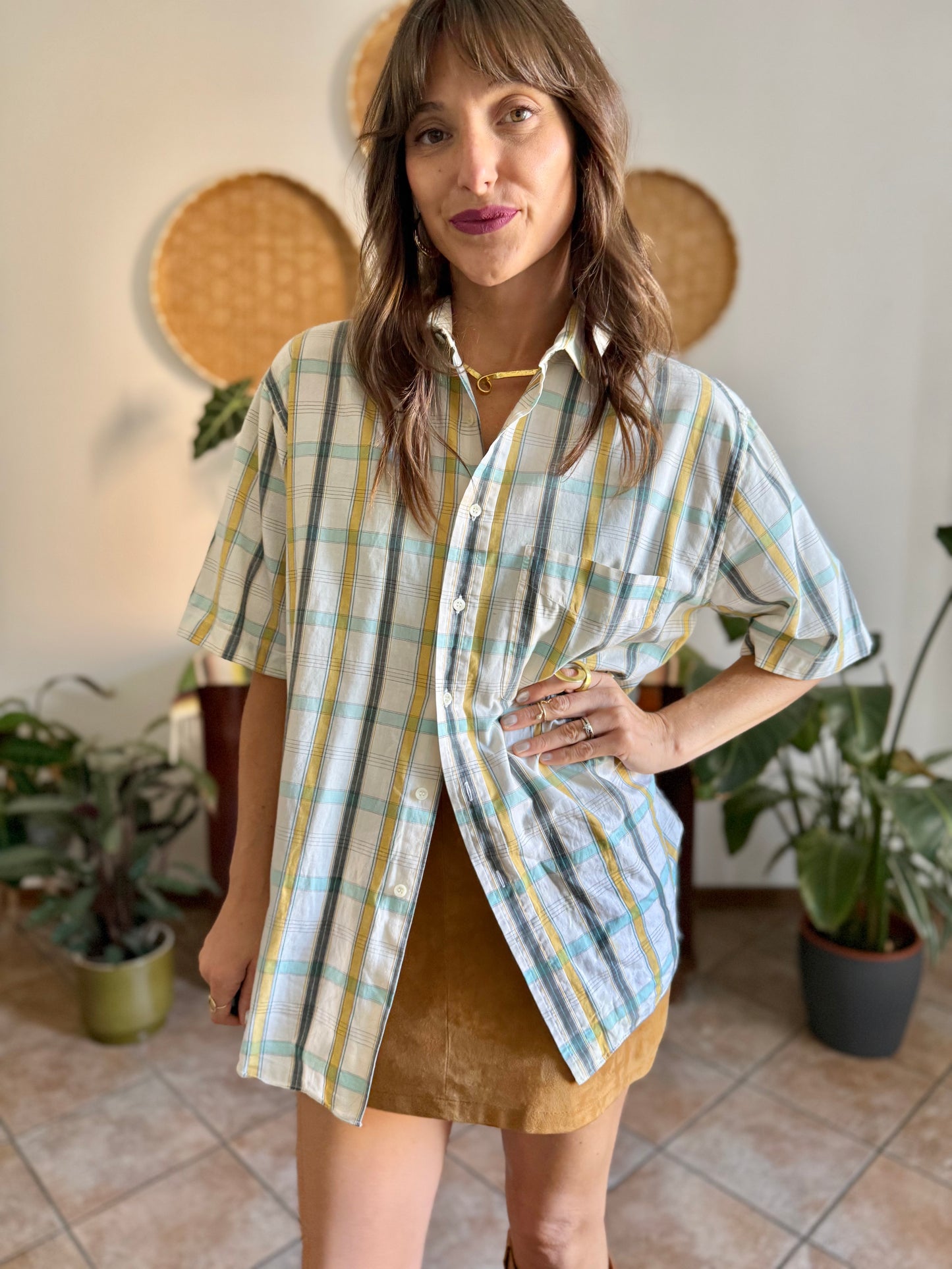 1970's vintage oversize cream, yellow and turquoise plaid shirt