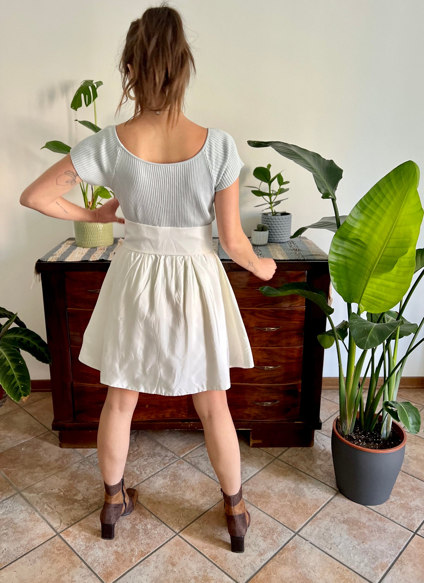 1980's vintage cream satin asymmetrical mini skirt with rosette details