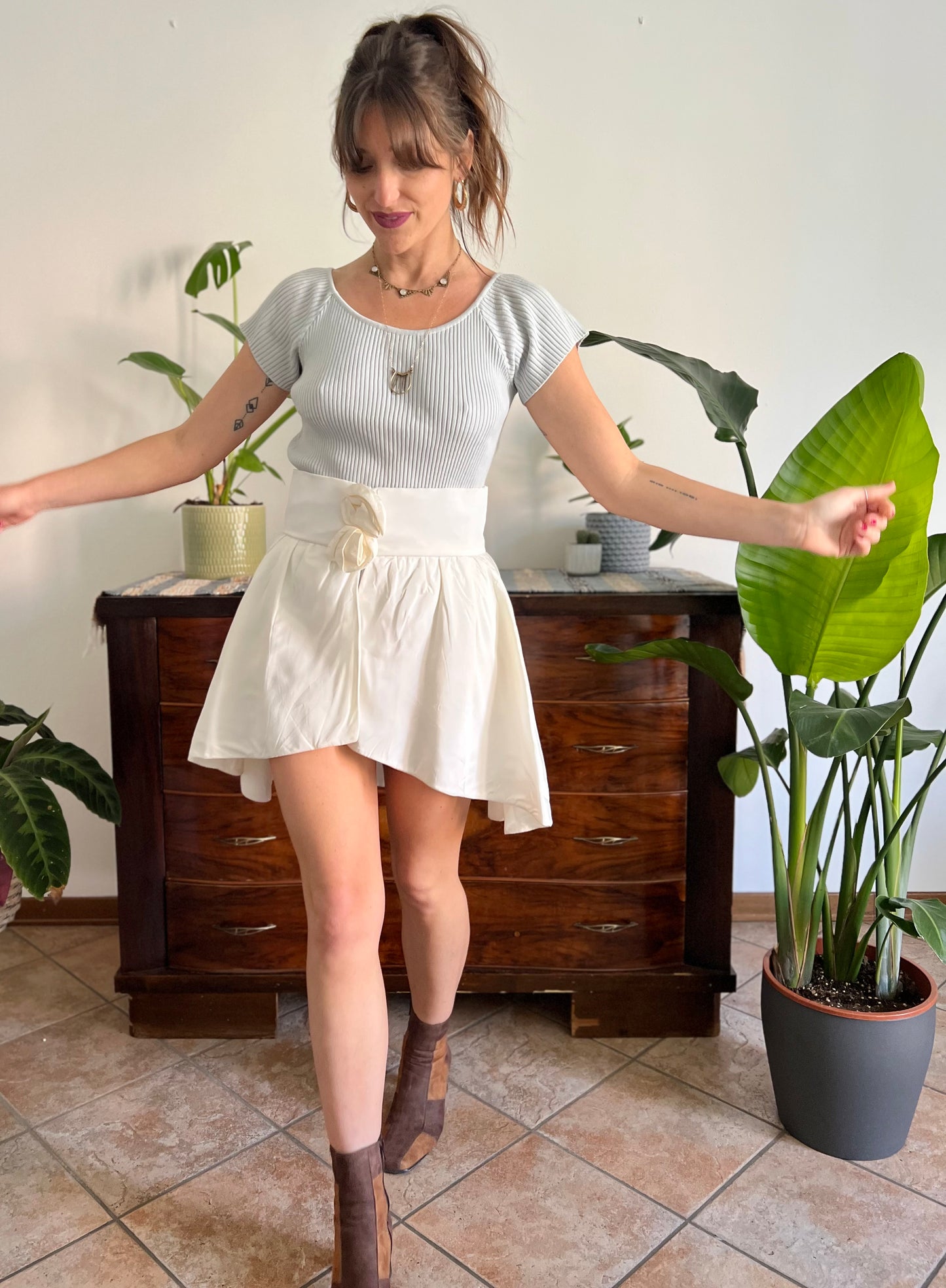 1980's vintage cream satin asymmetrical mini skirt with rosette details