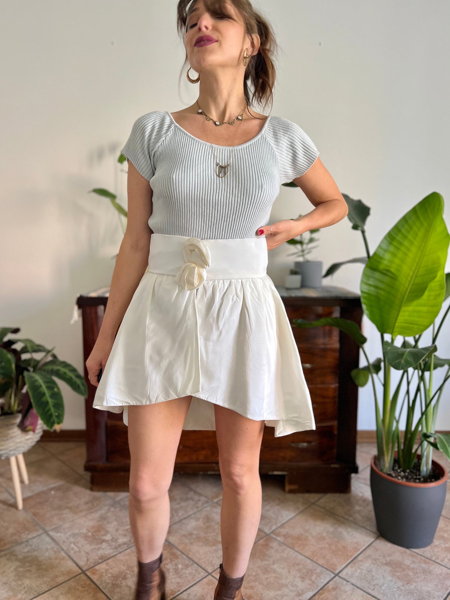 1980's vintage cream satin asymmetrical mini skirt with rosette details