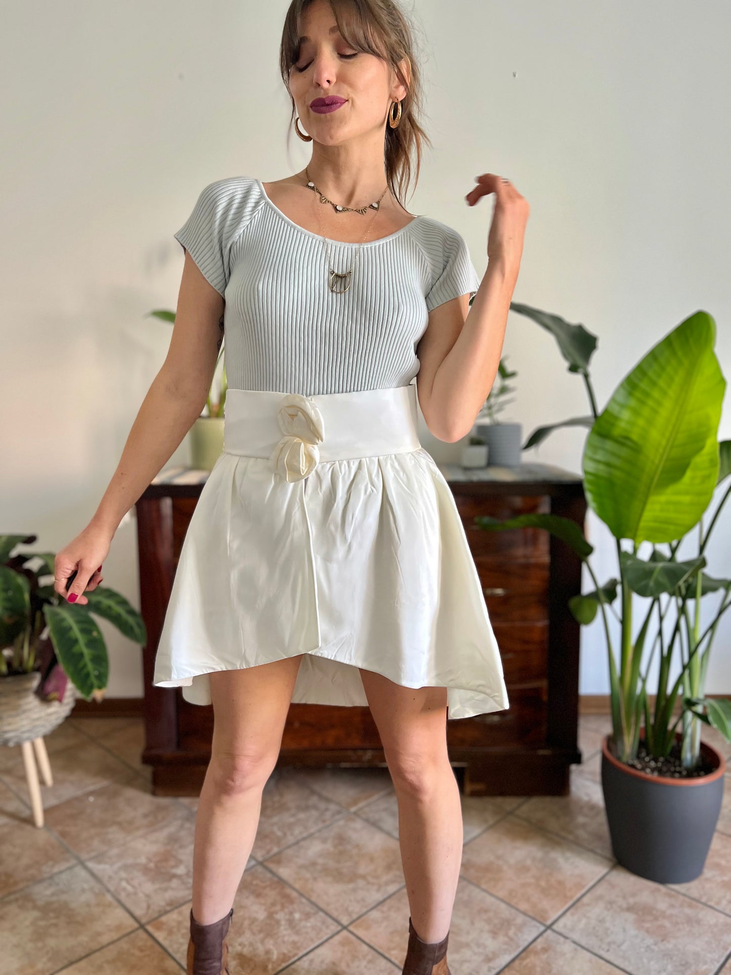 1980's vintage cream satin asymmetrical mini skirt with rosette details