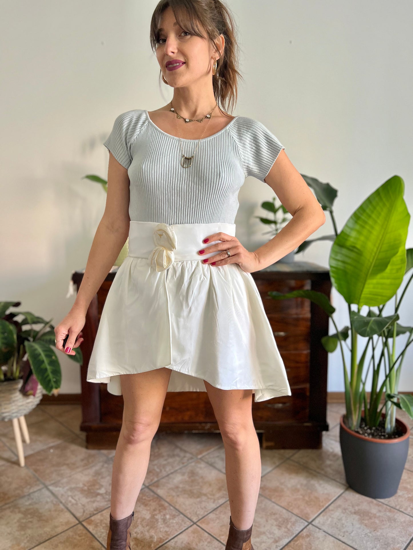 1980's vintage cream satin asymmetrical mini skirt with rosette details