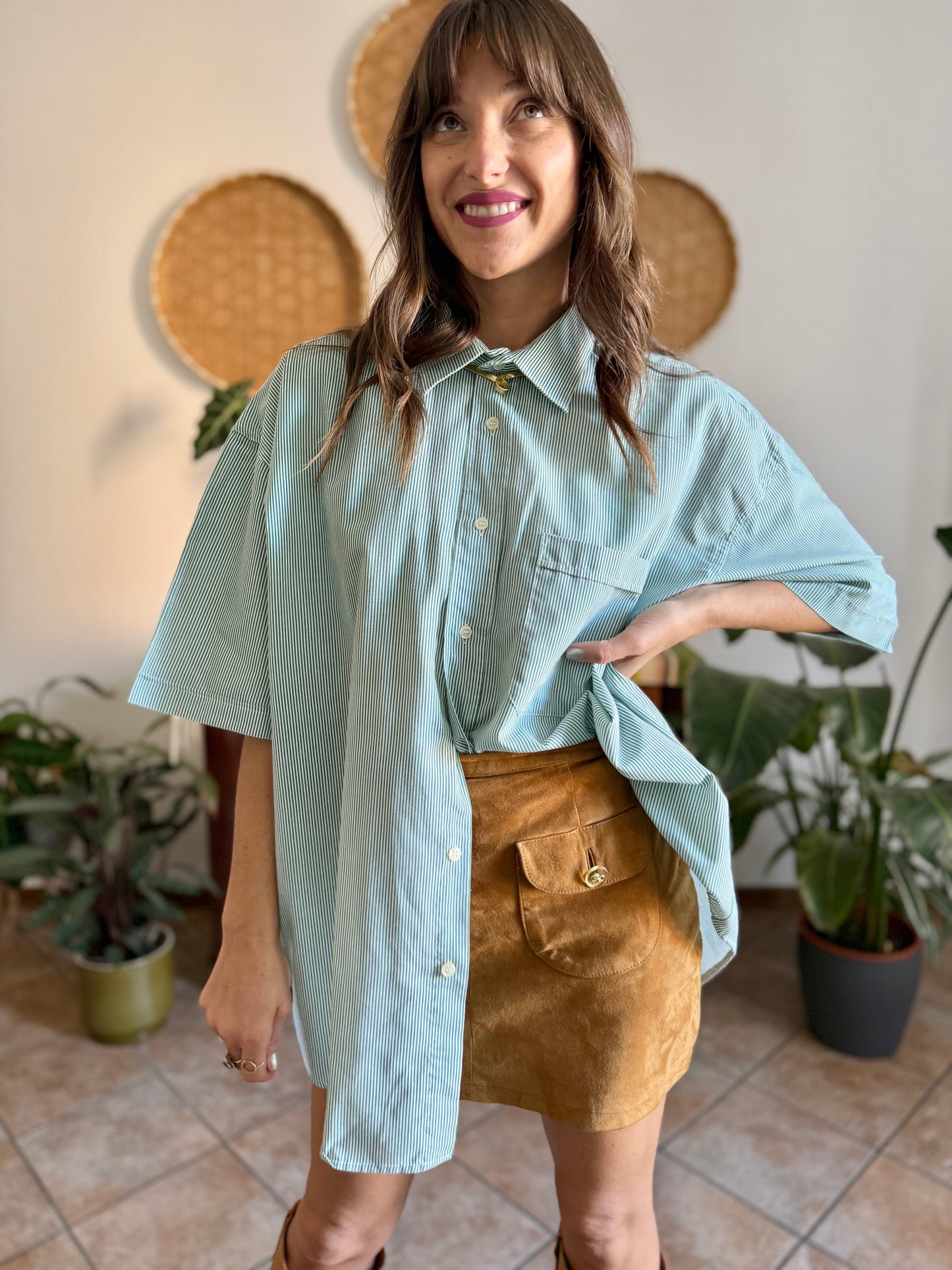 1970's vintage green and white vertical stripe short sleeve shirt