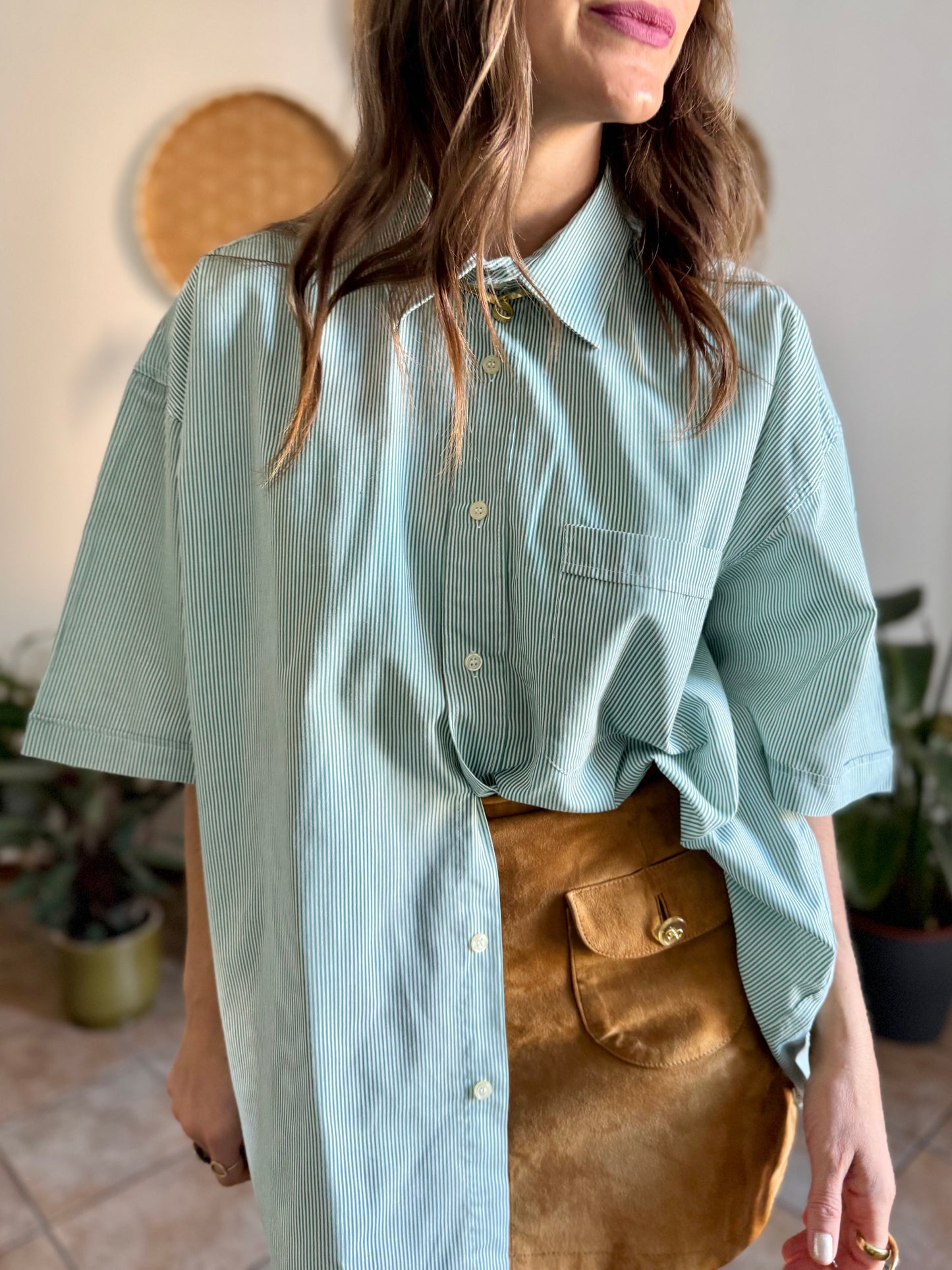 1970's vintage green and white vertical stripe short sleeve shirt