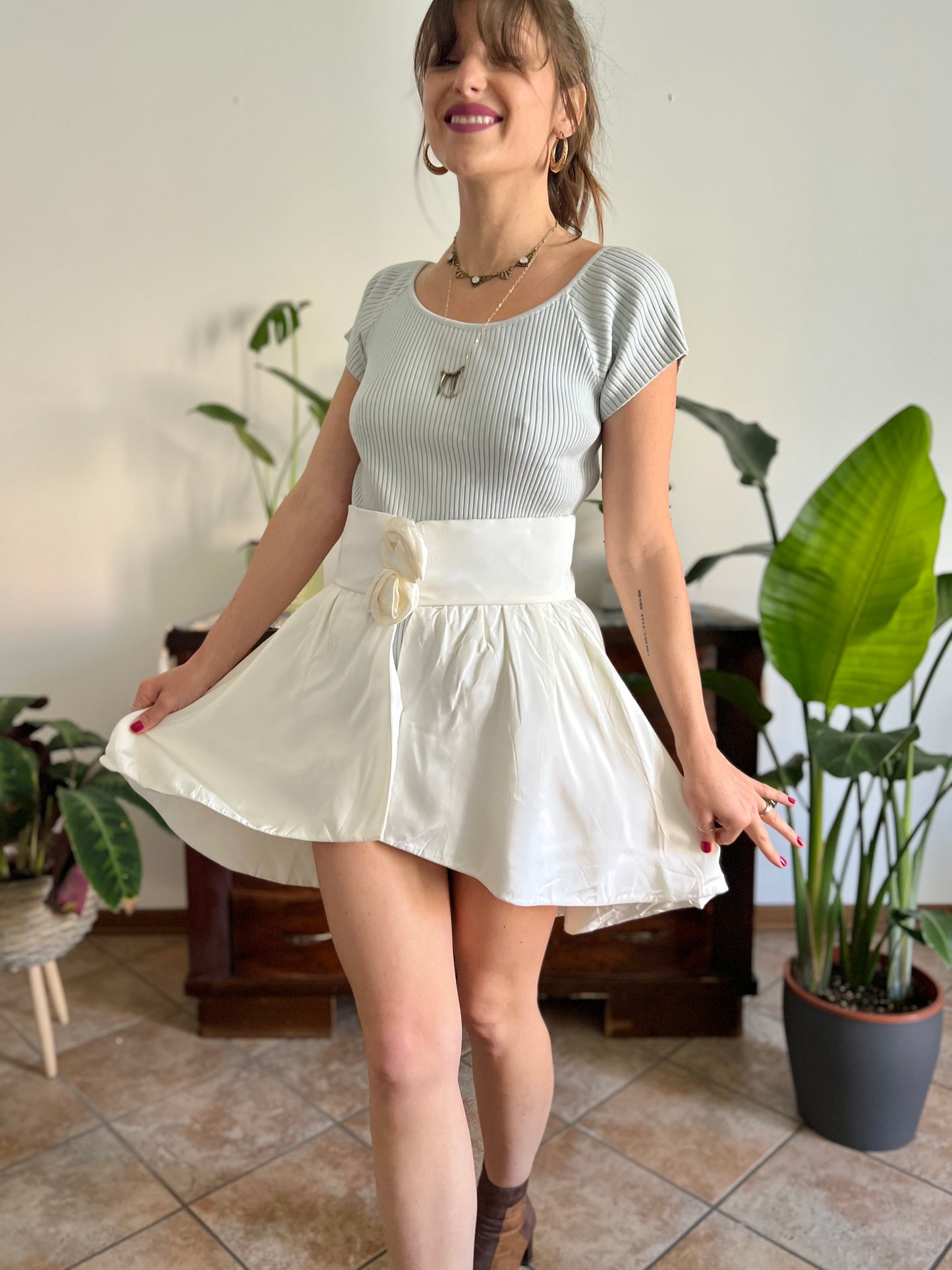 1980's vintage cream satin asymmetrical mini skirt with rosette details