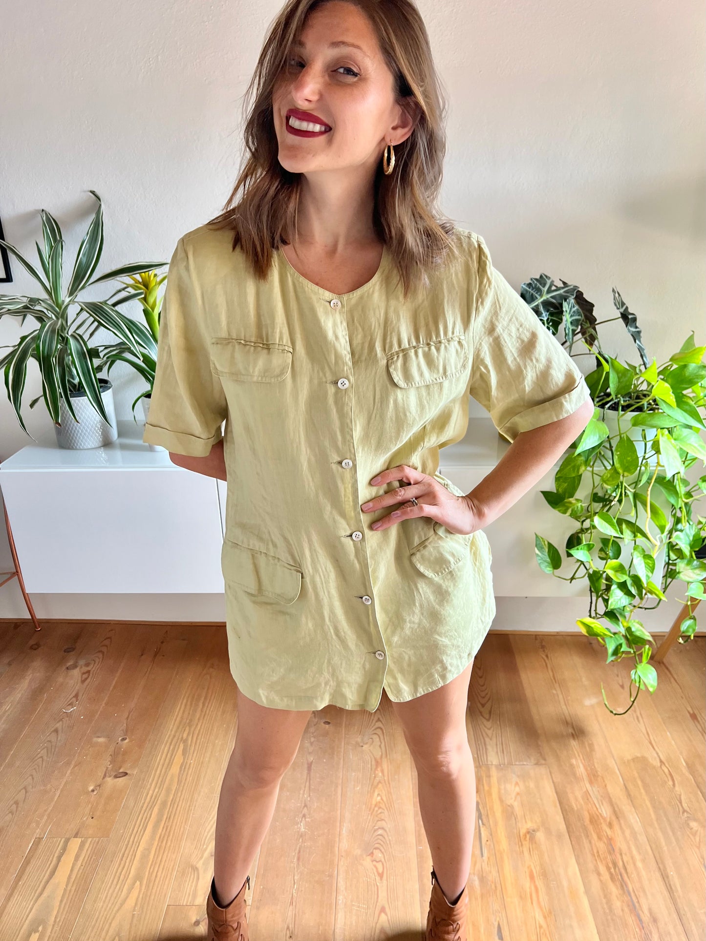 1970's vintage oversize khaki safari linen mini dress