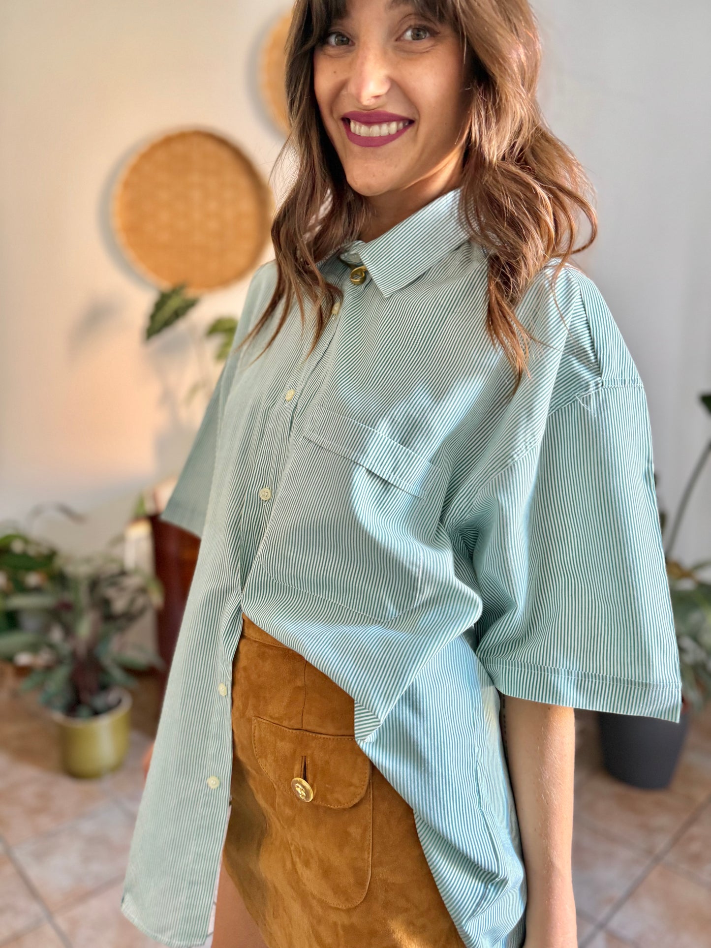 1970's vintage green and white vertical stripe short sleeve shirt