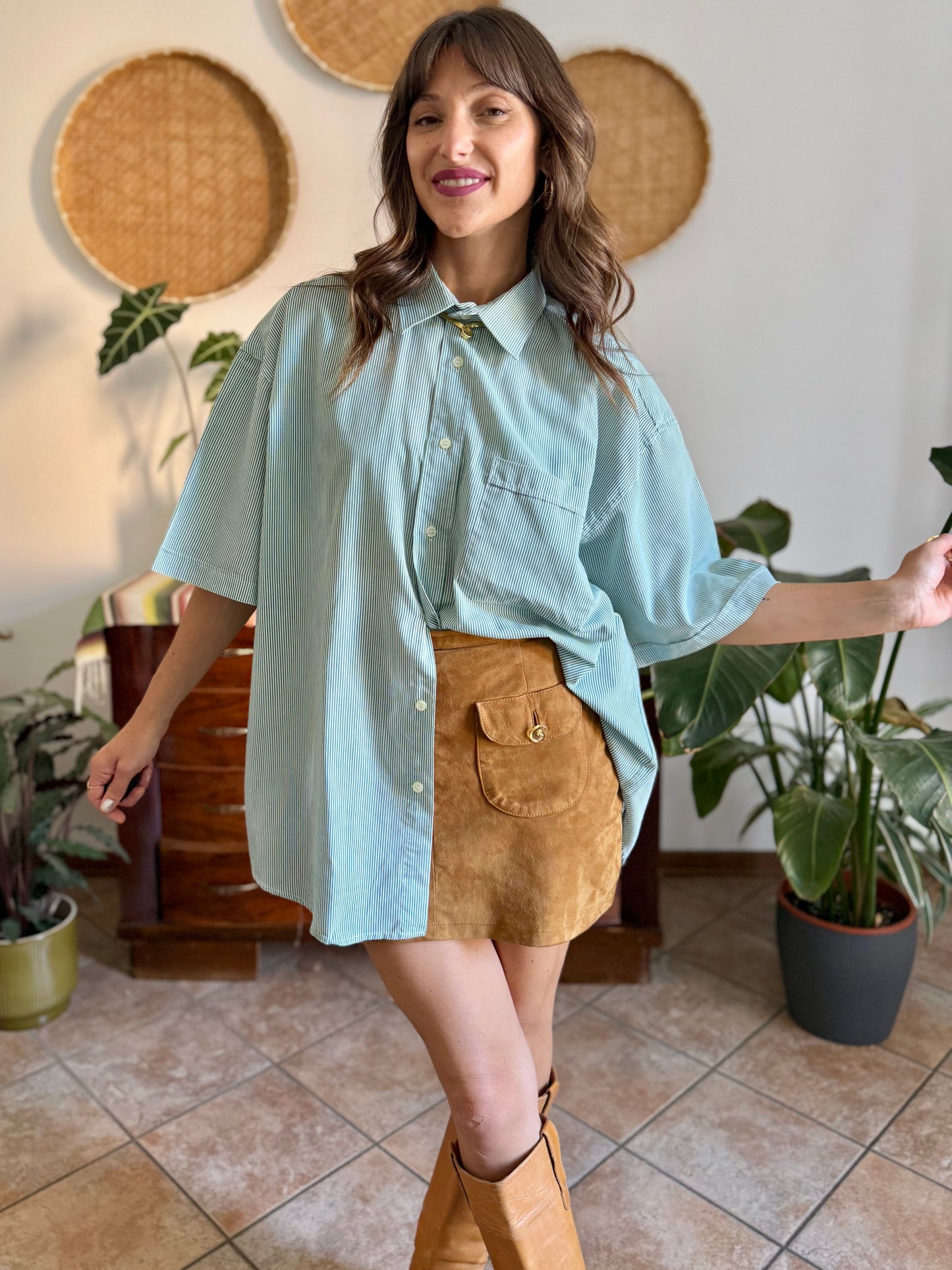 1970's vintage green and white vertical stripe short sleeve shirt