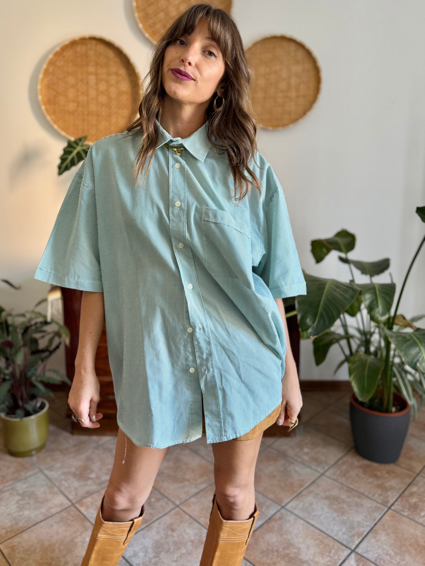 1970's vintage green and white vertical stripe short sleeve shirt