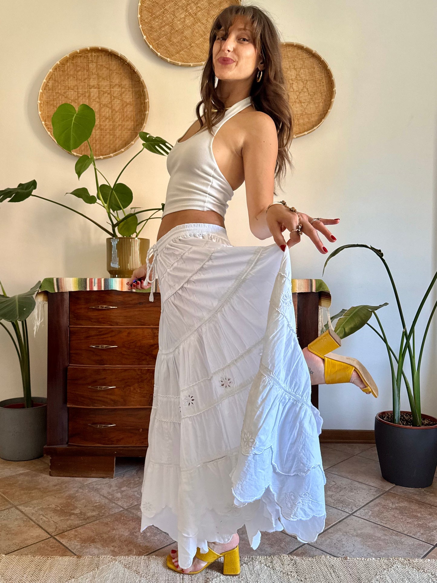 1970's vintage wite floral embroidered prairie maxi skirt