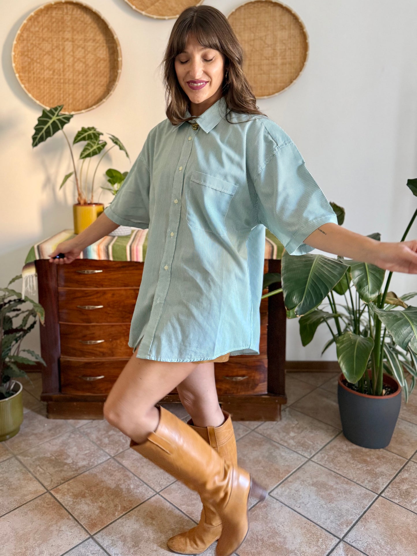 1970's vintage green and white vertical stripe short sleeve shirt