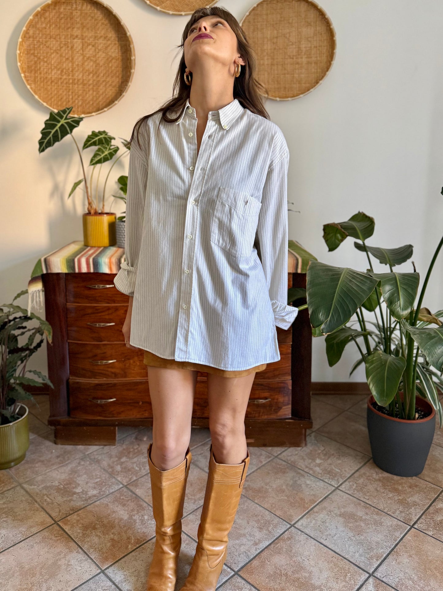 1990's vintage oversize cream shirt with mint and olive green vertical pinstripes