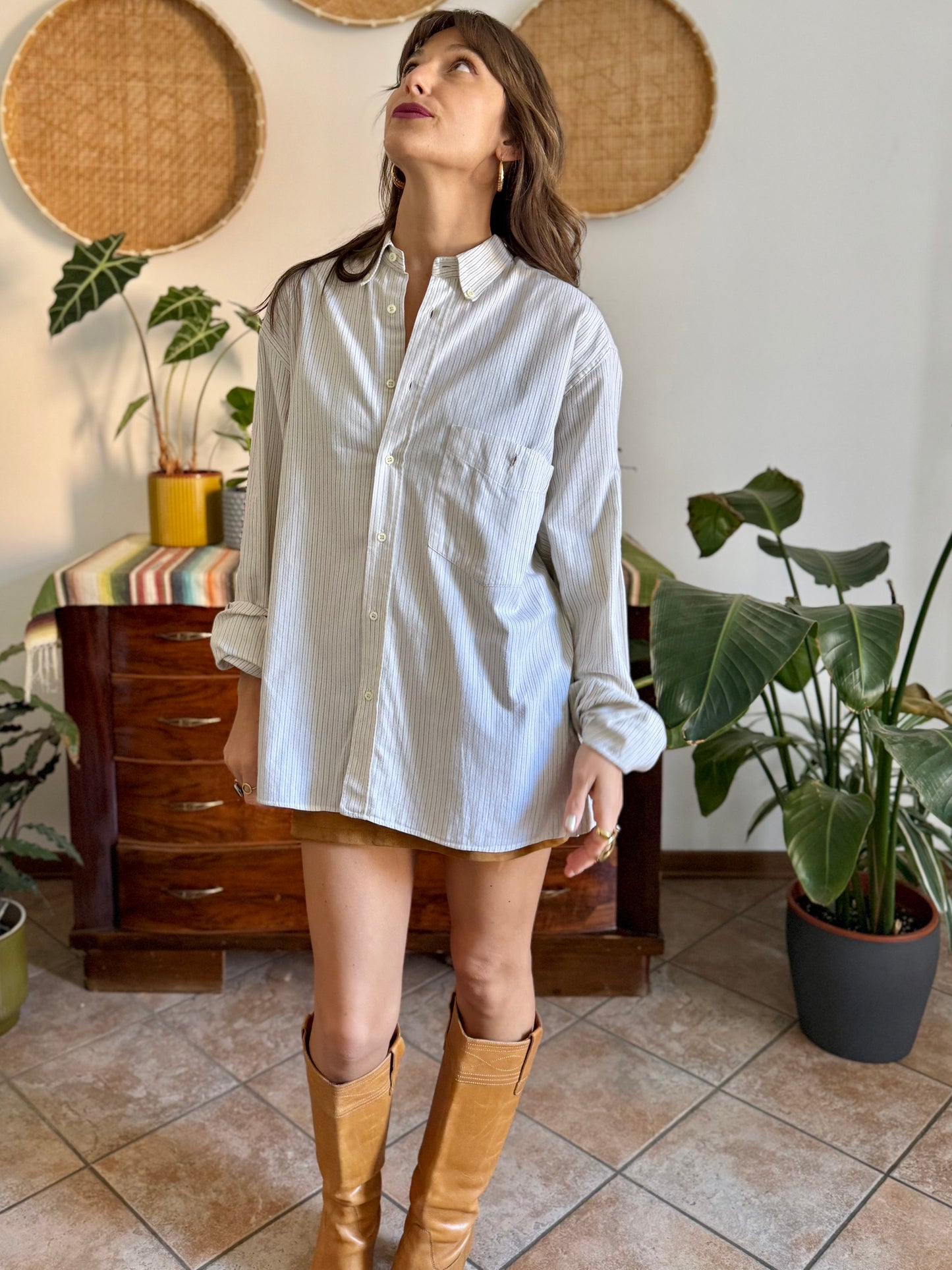 1990's vintage oversize cream shirt with mint and olive green vertical pinstripes