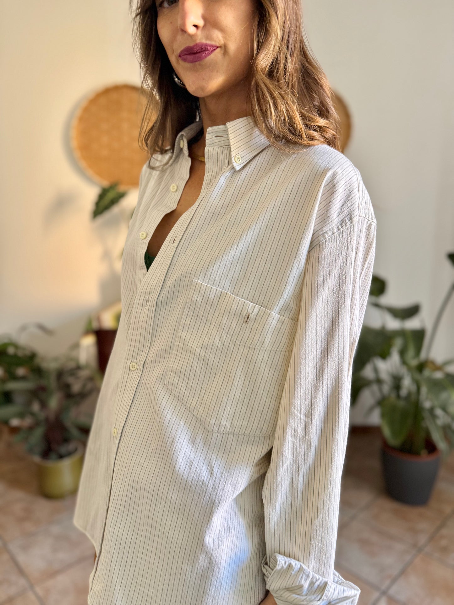 1990's vintage oversize cream shirt with mint and olive green vertical pinstripes
