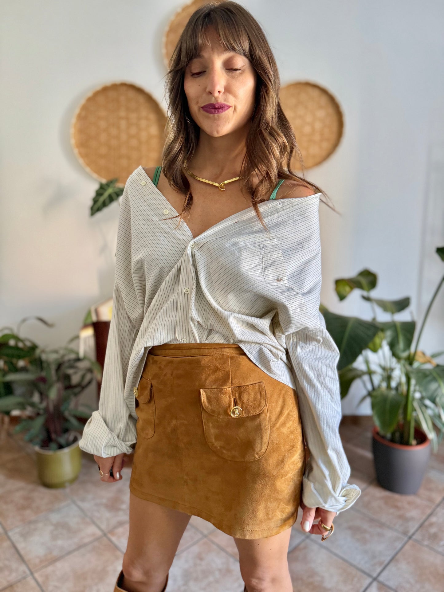 1990's vintage oversize cream shirt with mint and olive green vertical pinstripes