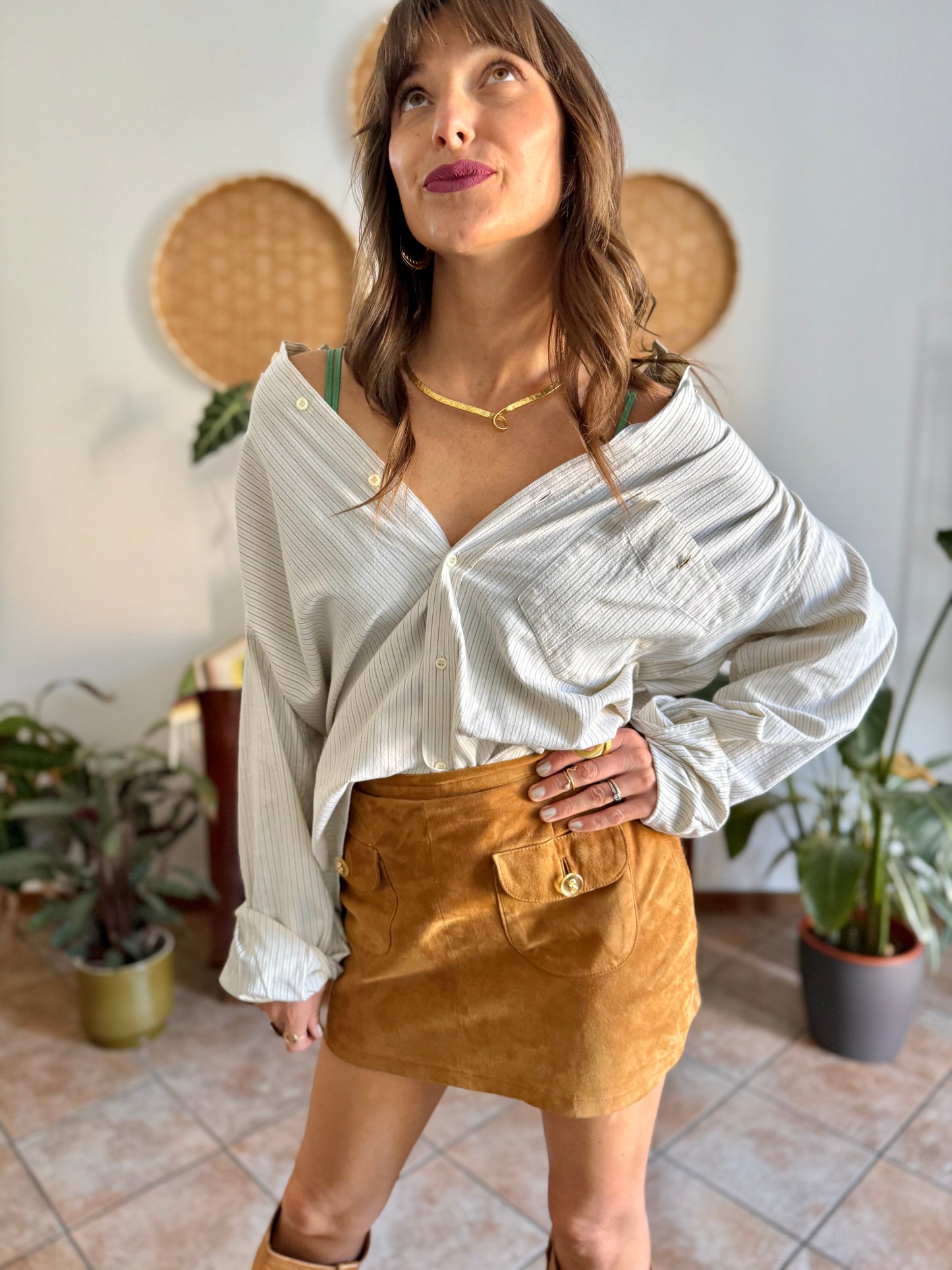 1990's vintage oversize cream shirt with mint and olive green vertical pinstripes