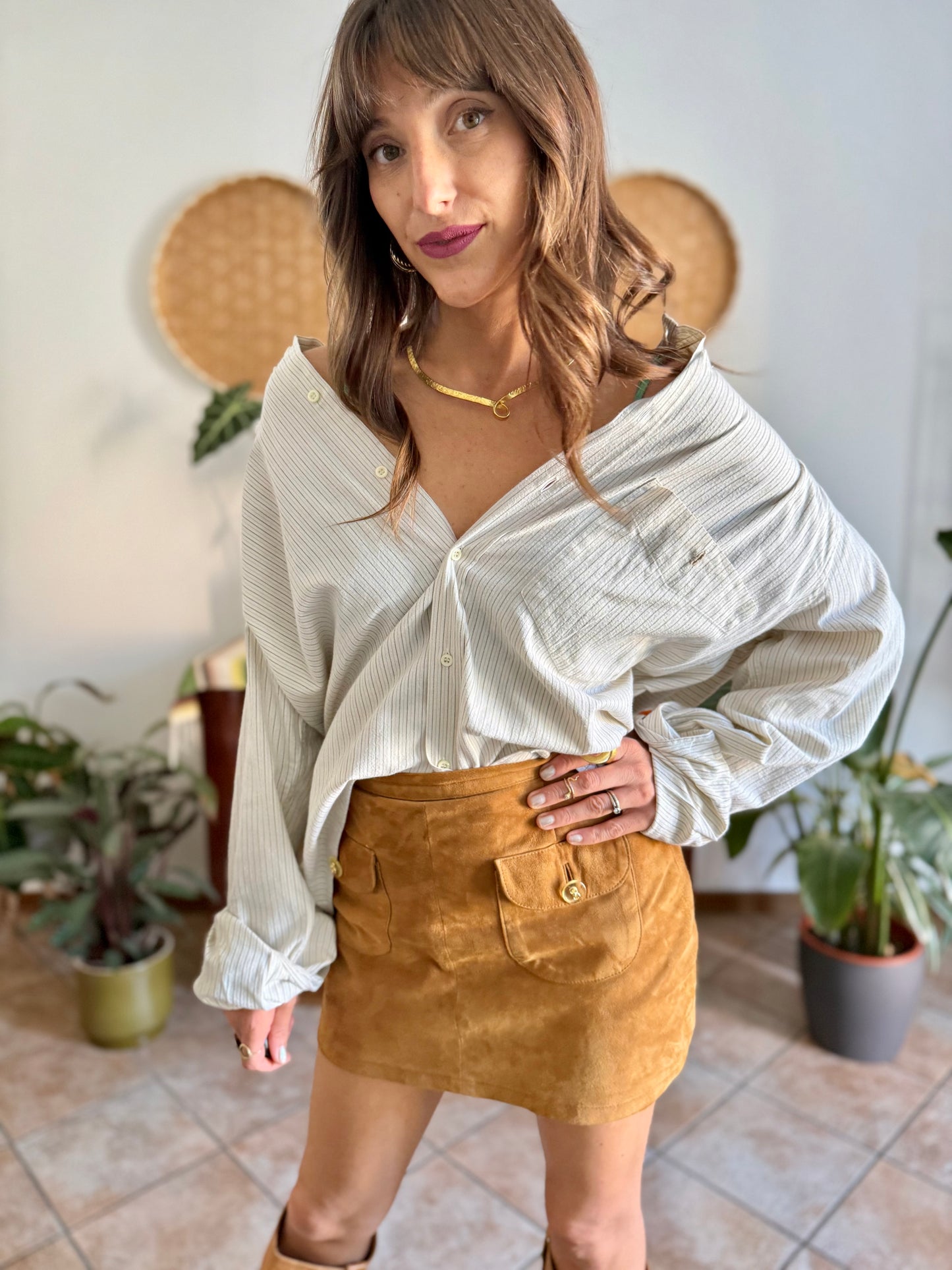 1990's vintage oversize cream shirt with mint and olive green vertical pinstripes