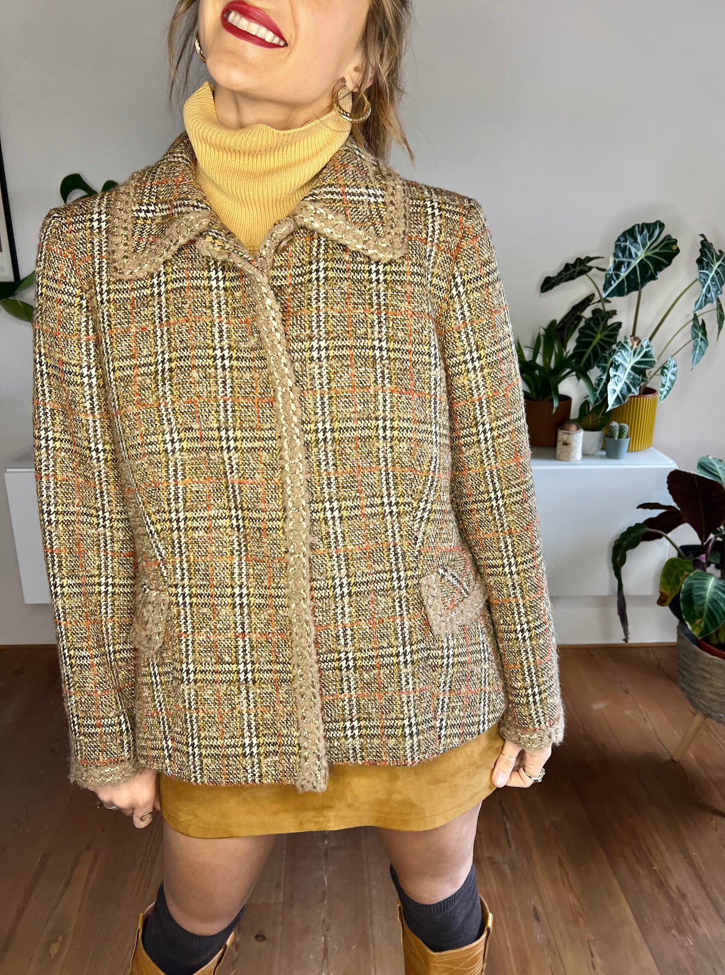 1970's vintage orange, brown and tan plaid wool blazer with boucle trim