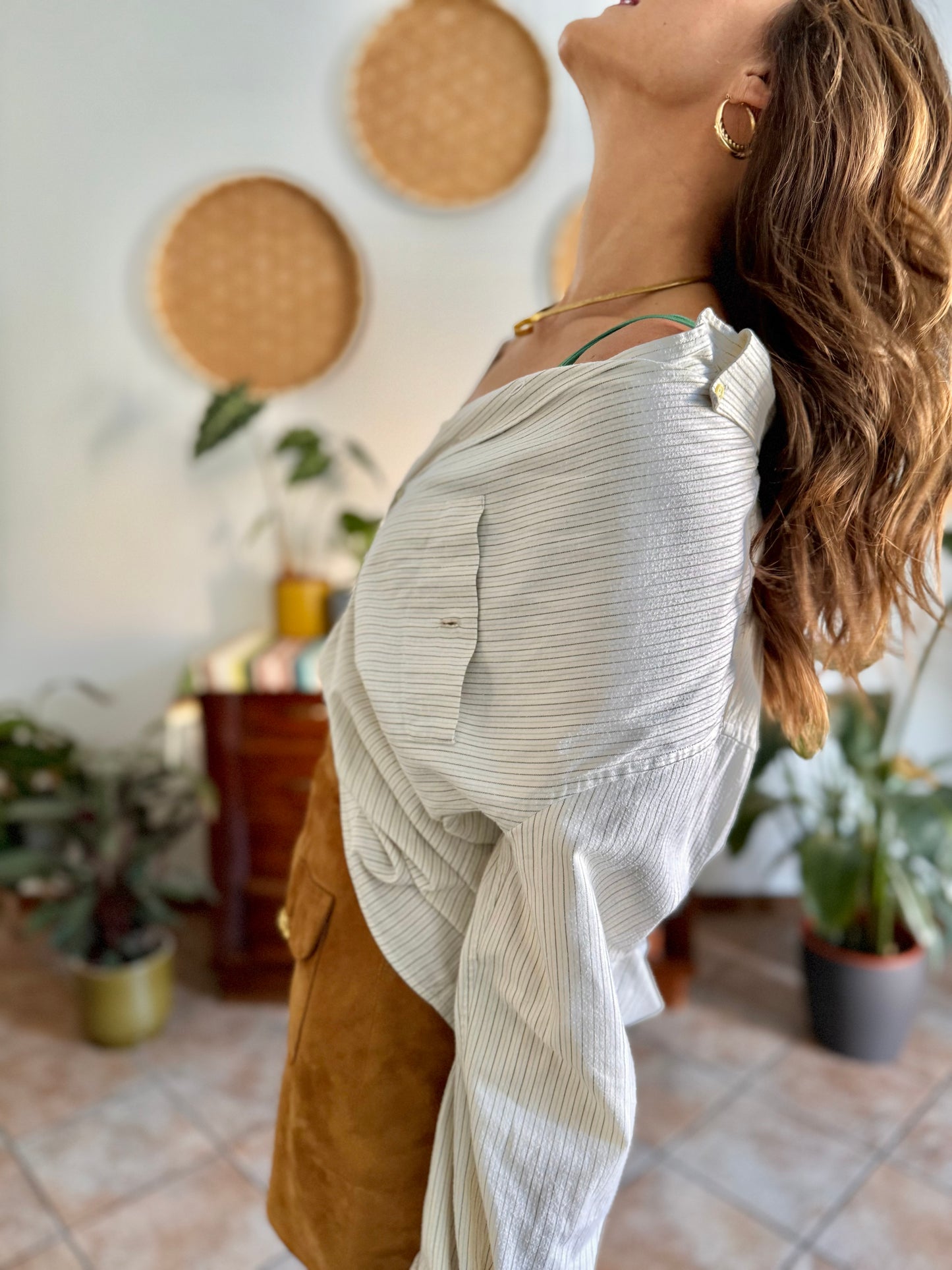 1990's vintage oversize cream shirt with mint and olive green vertical pinstripes