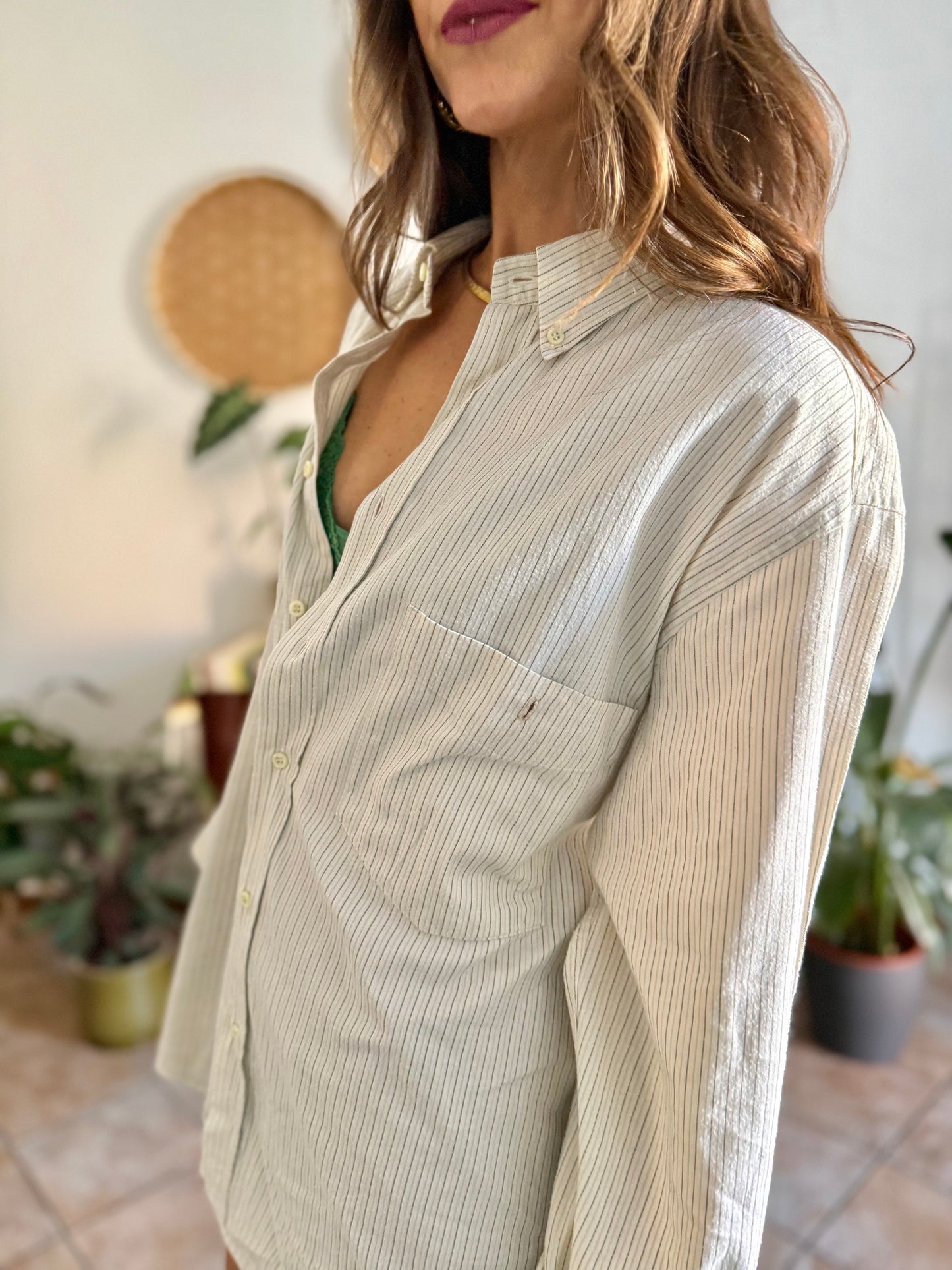 1990's vintage oversize cream shirt with mint and olive green vertical pinstripes