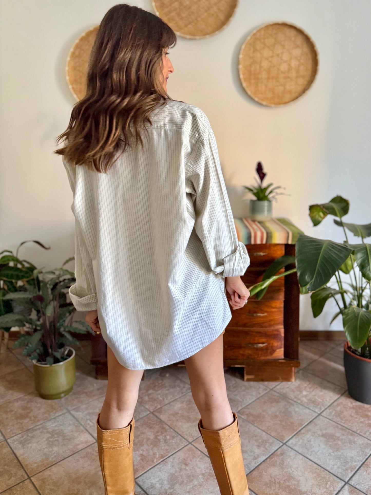 1990's vintage oversize cream shirt with mint and olive green vertical pinstripes