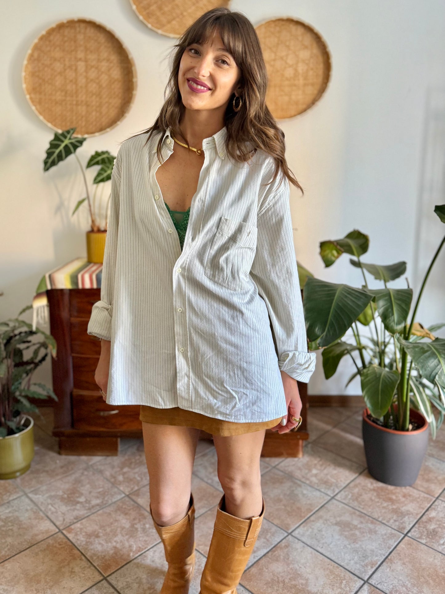 1990's vintage oversize cream shirt with mint and olive green vertical pinstripes