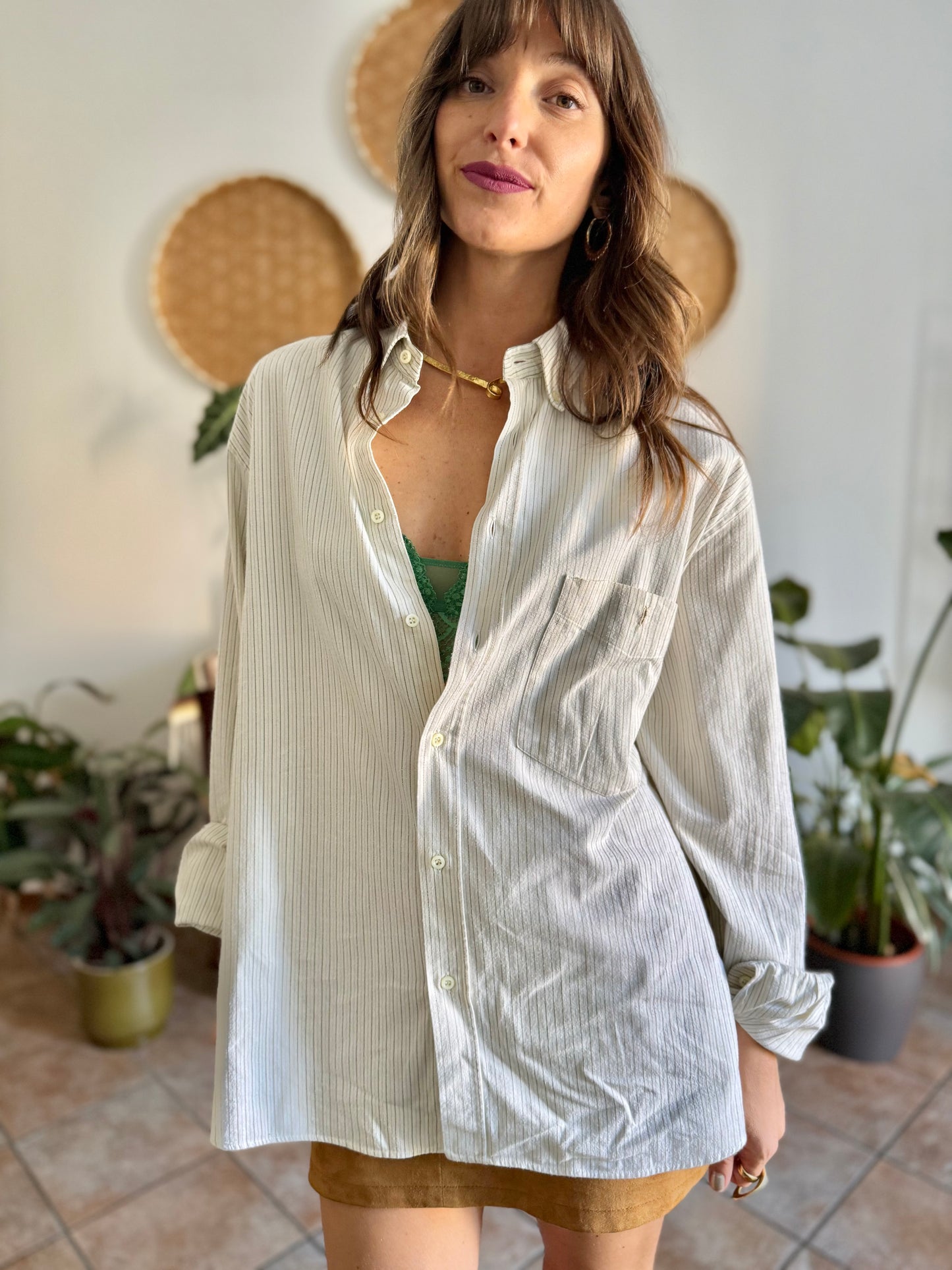 1990's vintage oversize cream shirt with mint and olive green vertical pinstripes