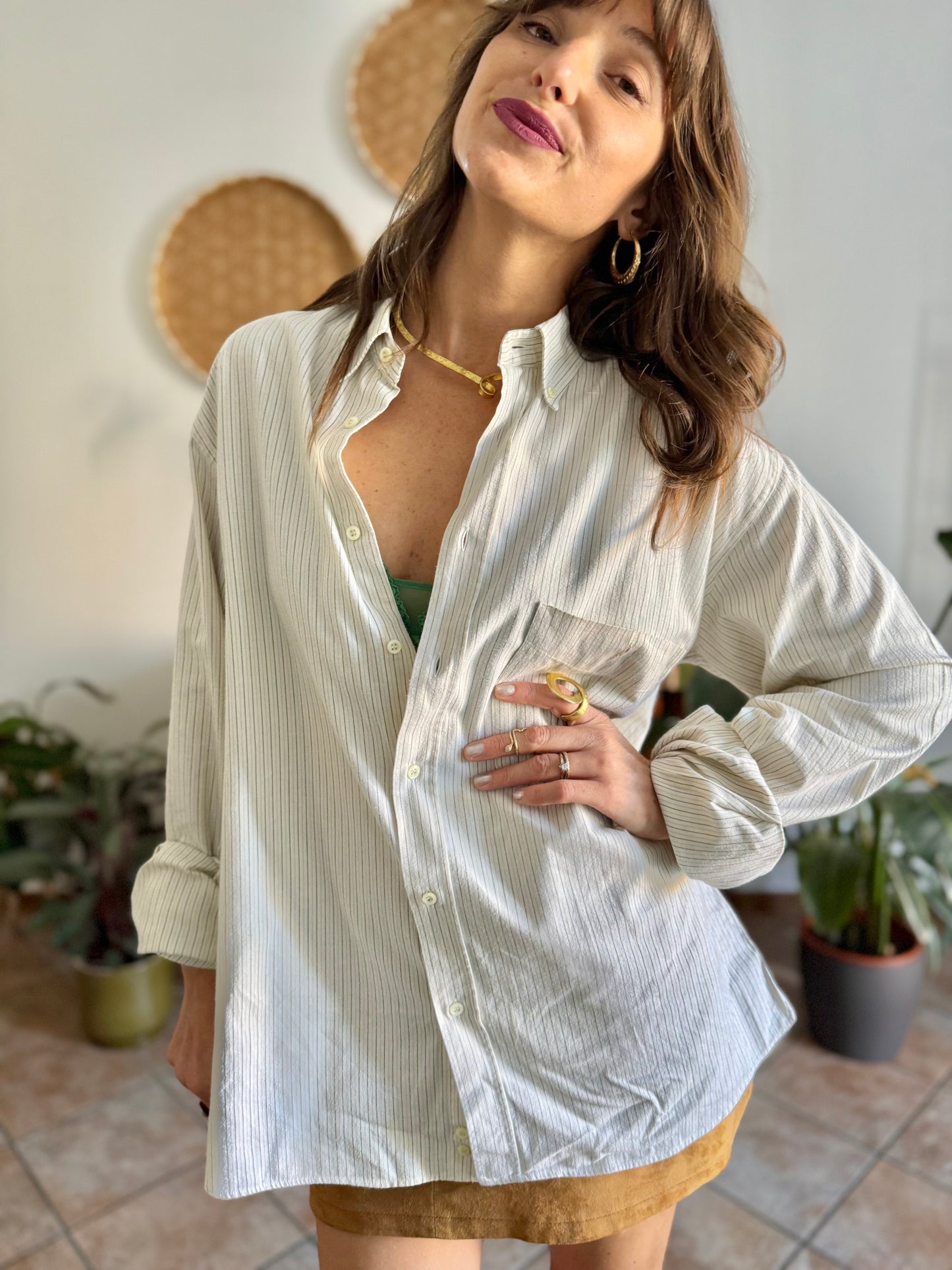 1990's vintage oversize cream shirt with mint and olive green vertical pinstripes