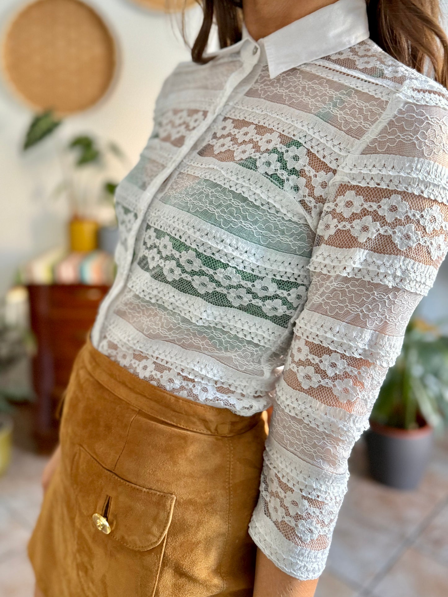 1990's vintage white lace blouse with mother of pearl buttons