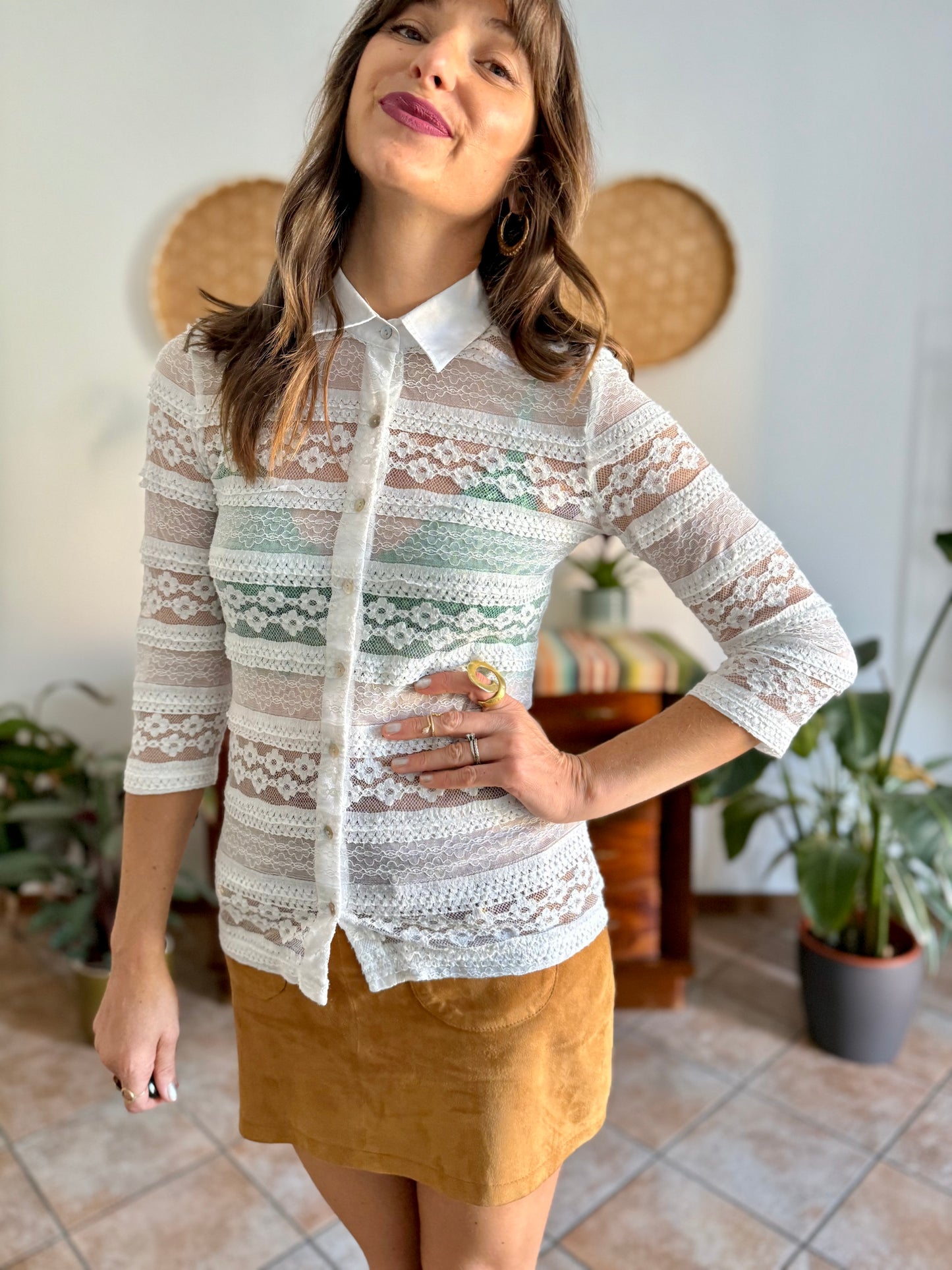 1990's vintage white lace blouse with mother of pearl buttons