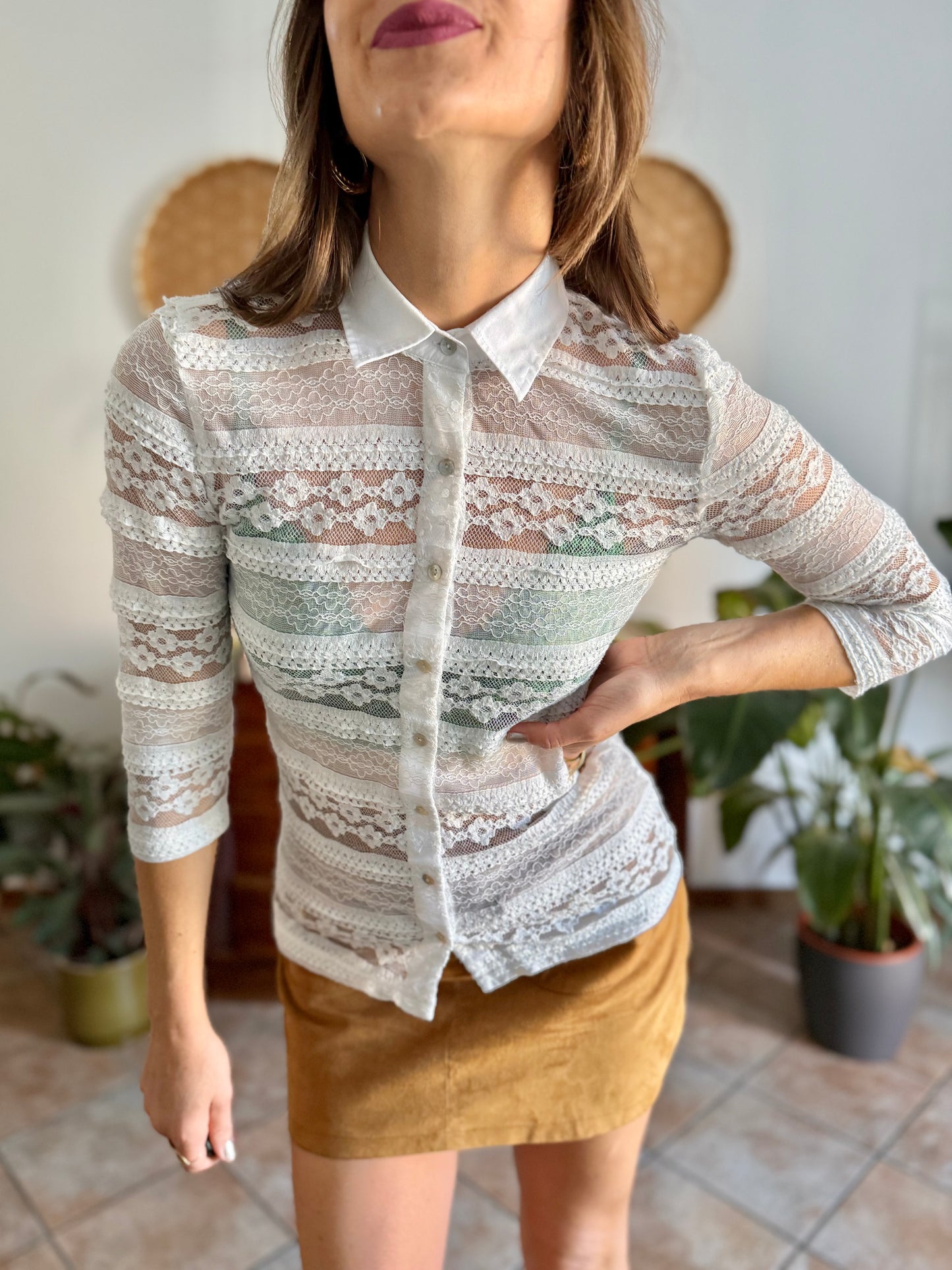 1990's vintage white lace blouse with mother of pearl buttons