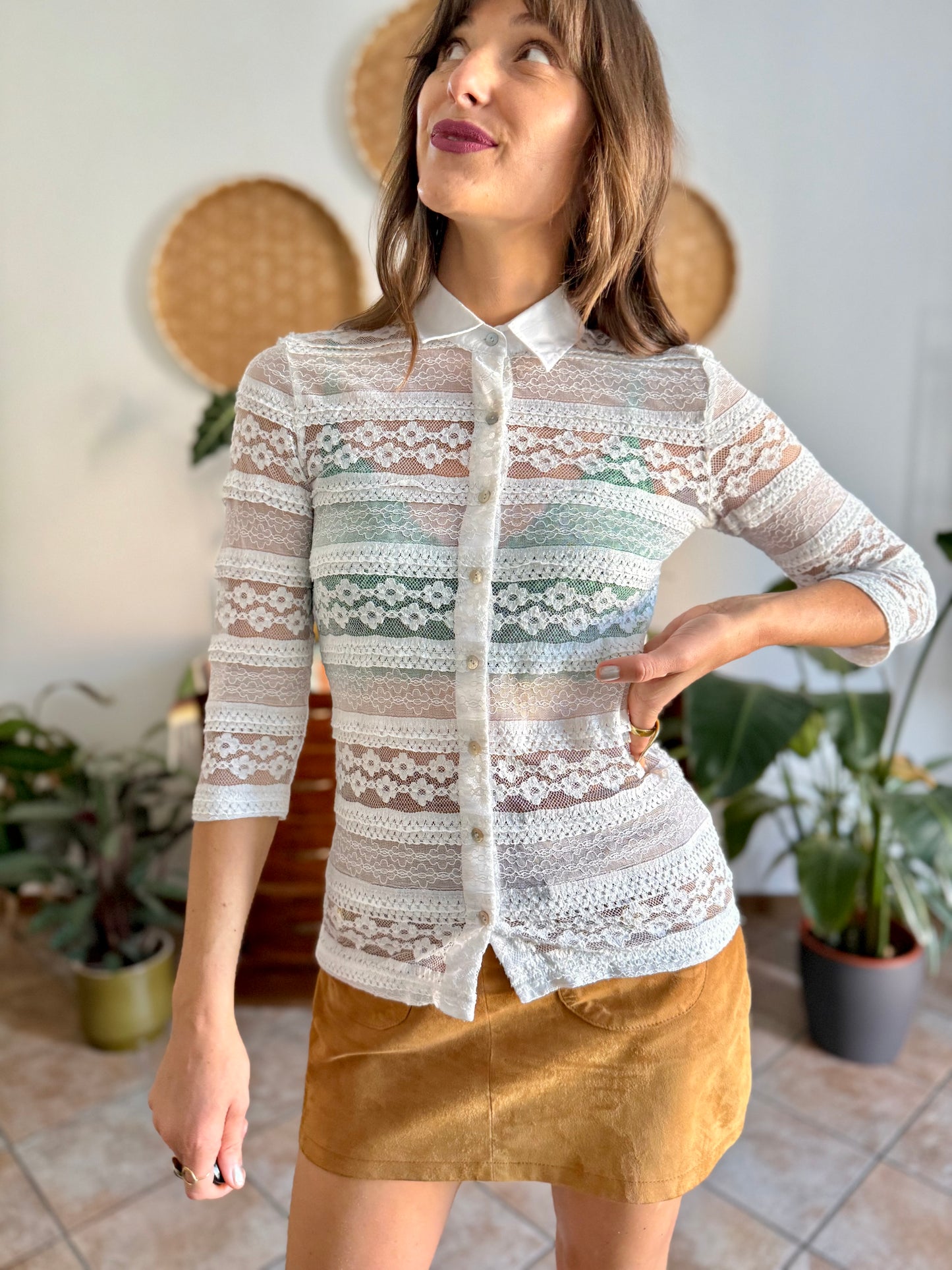 1990's vintage white lace blouse with mother of pearl buttons