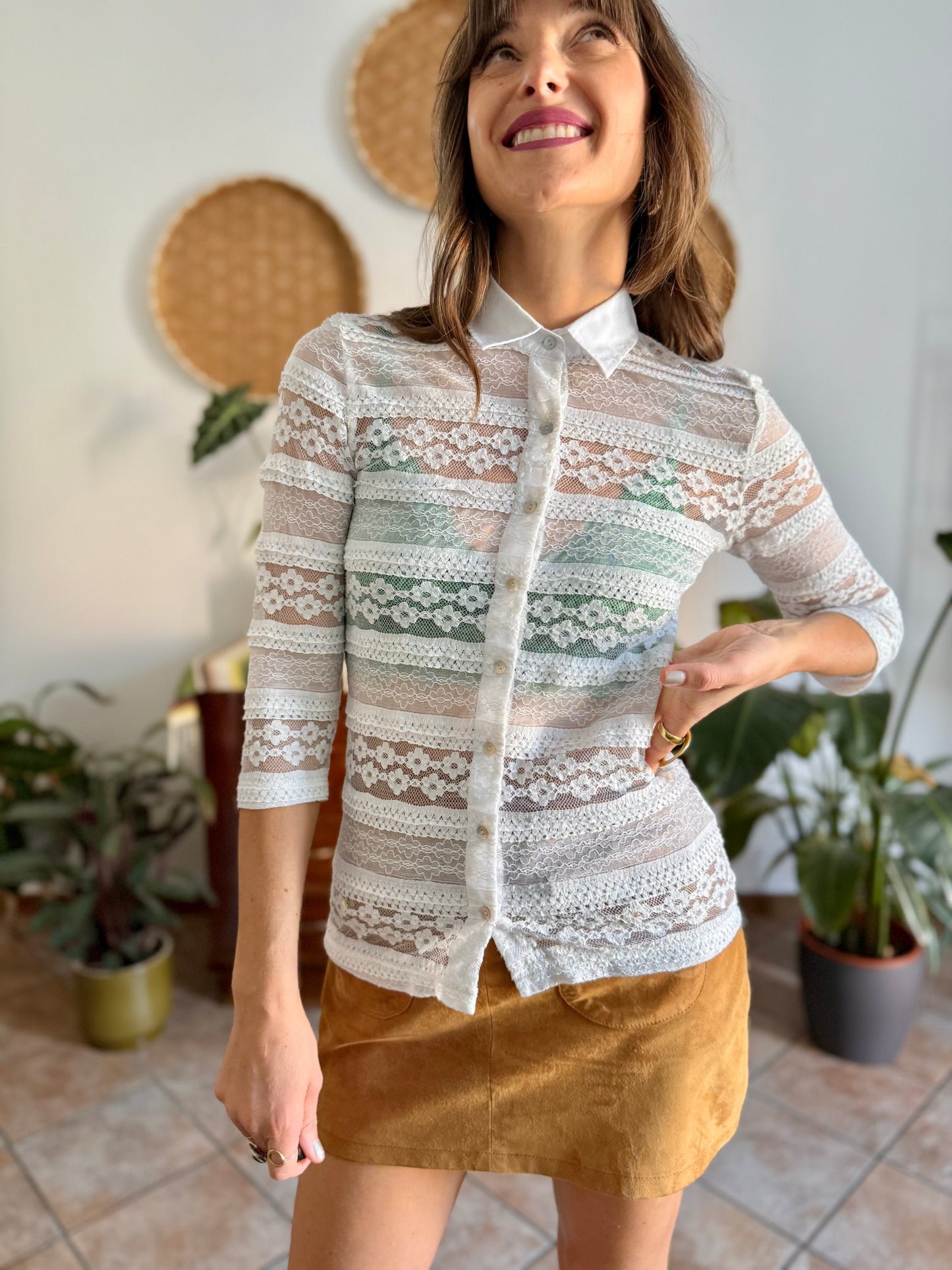 1990's vintage white lace blouse with mother of pearl buttons