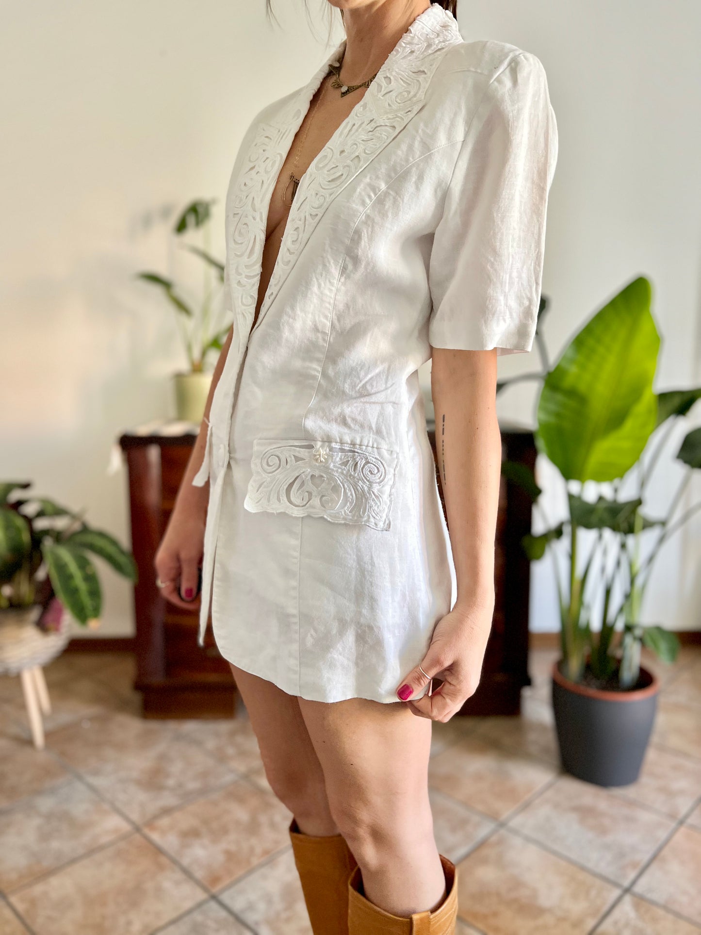 1970's vintage cream mini blazer dress with floral embroidery