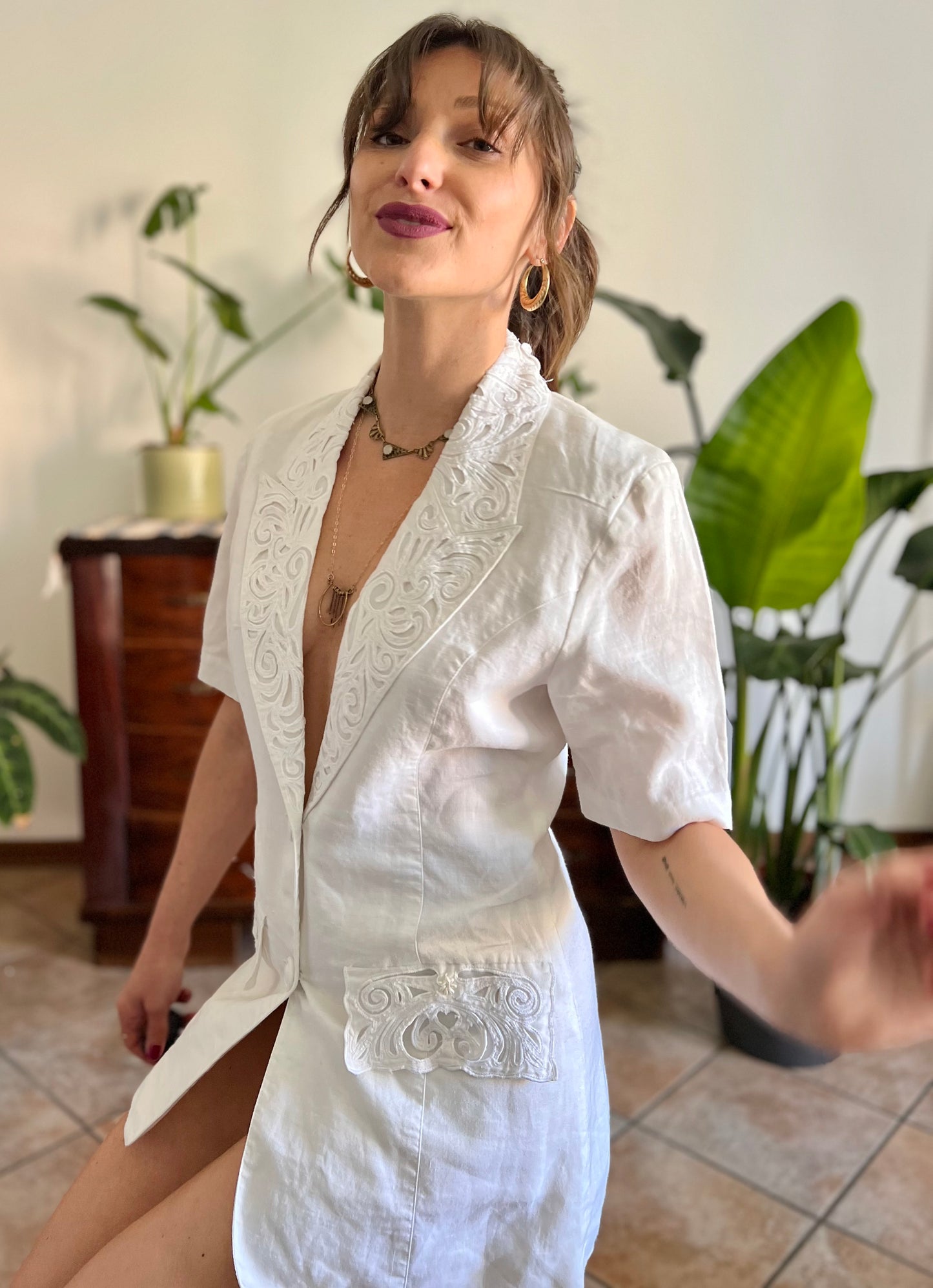 1970's vintage cream mini blazer dress with floral embroidery
