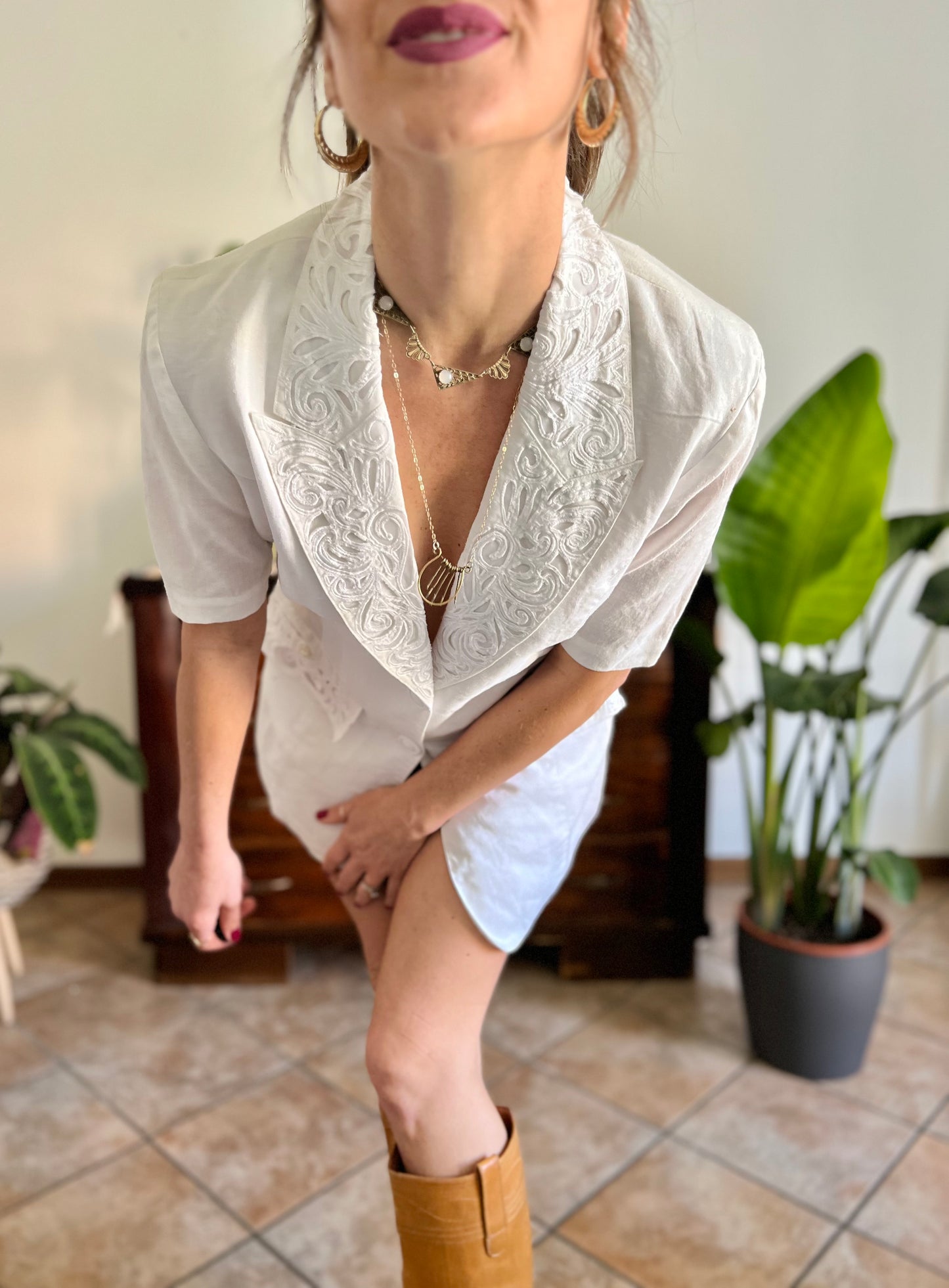 1970's vintage cream mini blazer dress with floral embroidery