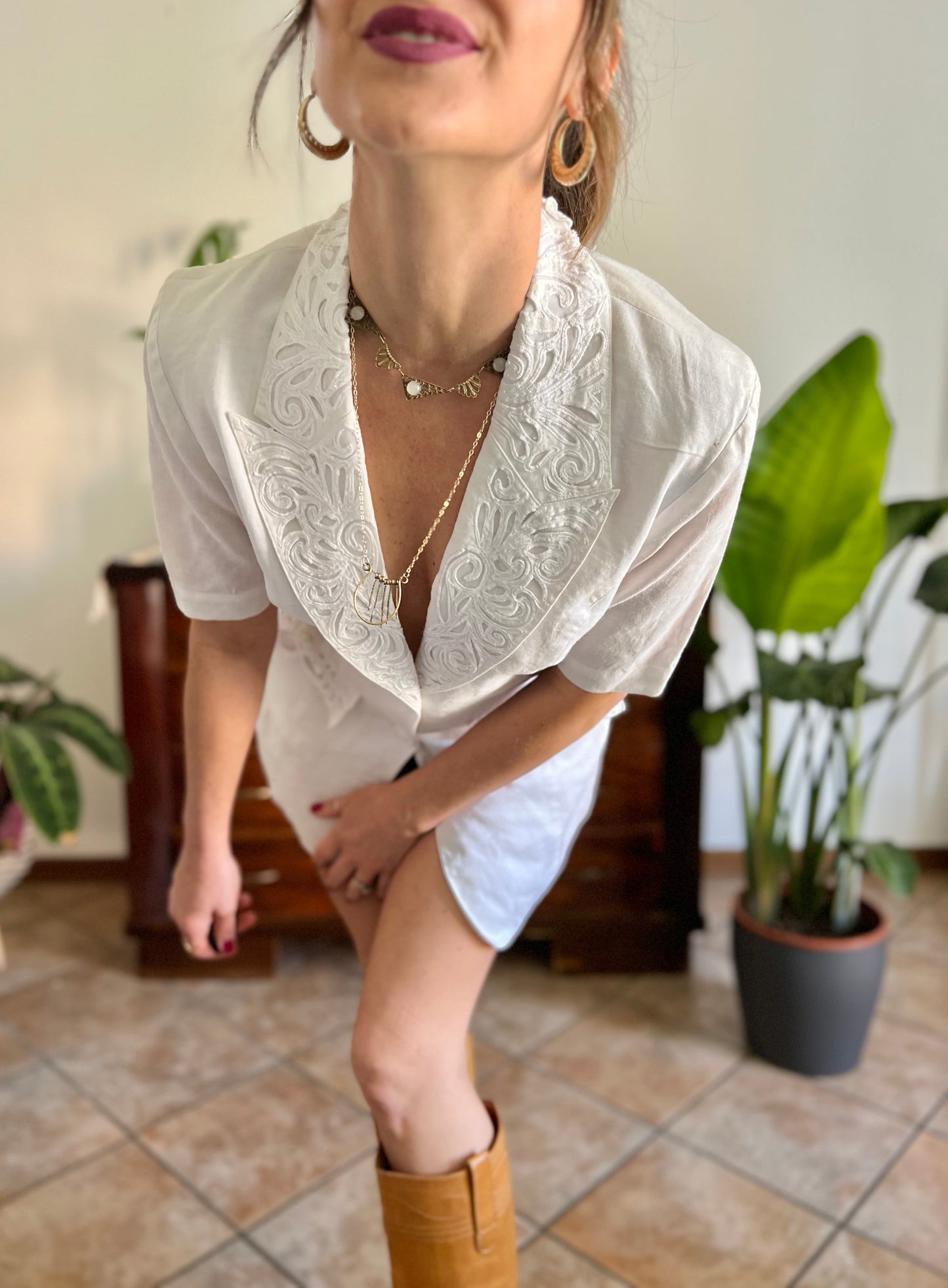 1970's vintage cream mini blazer dress with floral embroidery