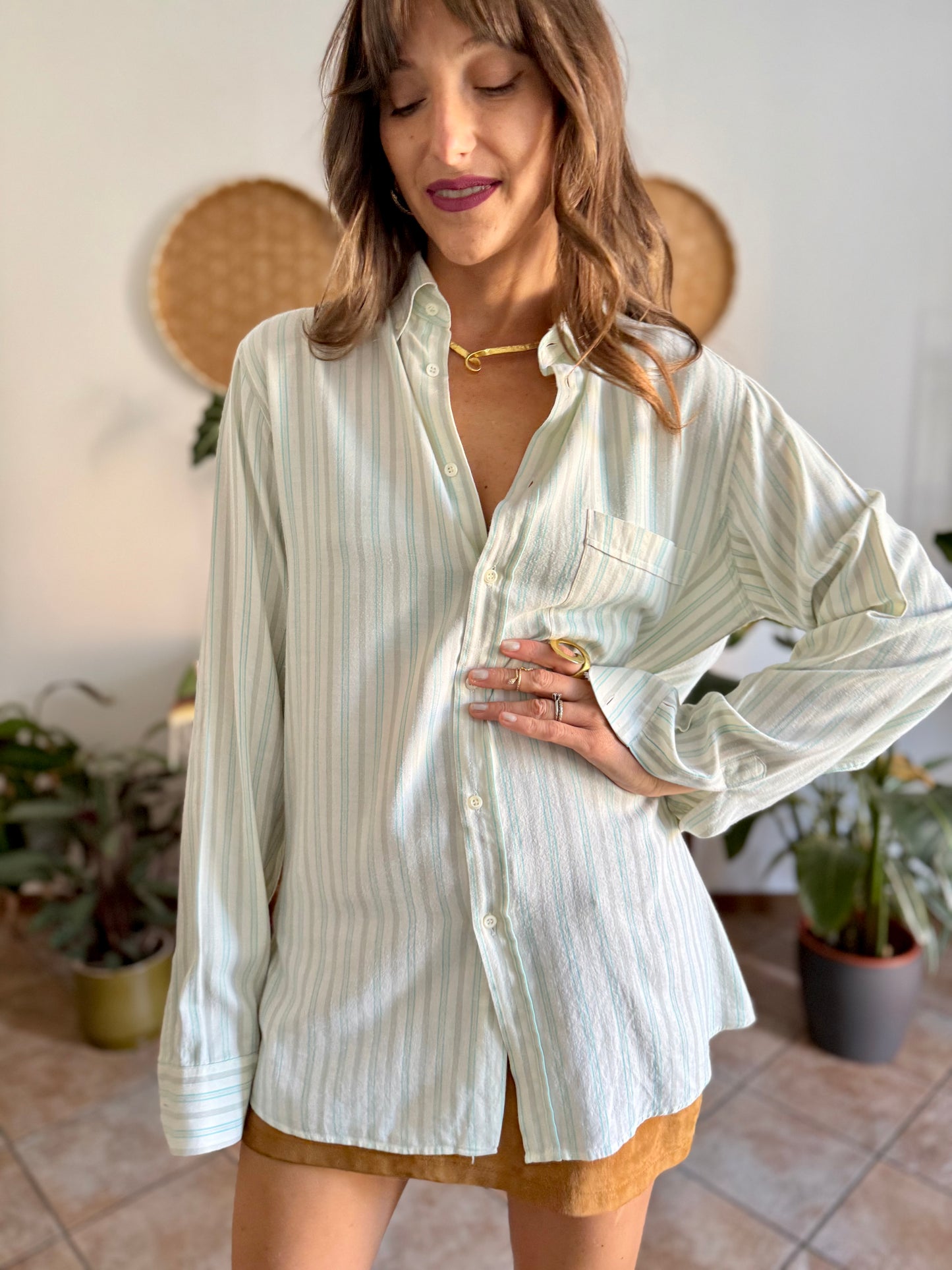 1970's vintage cream, tan and turquoise vertical stripe shirt