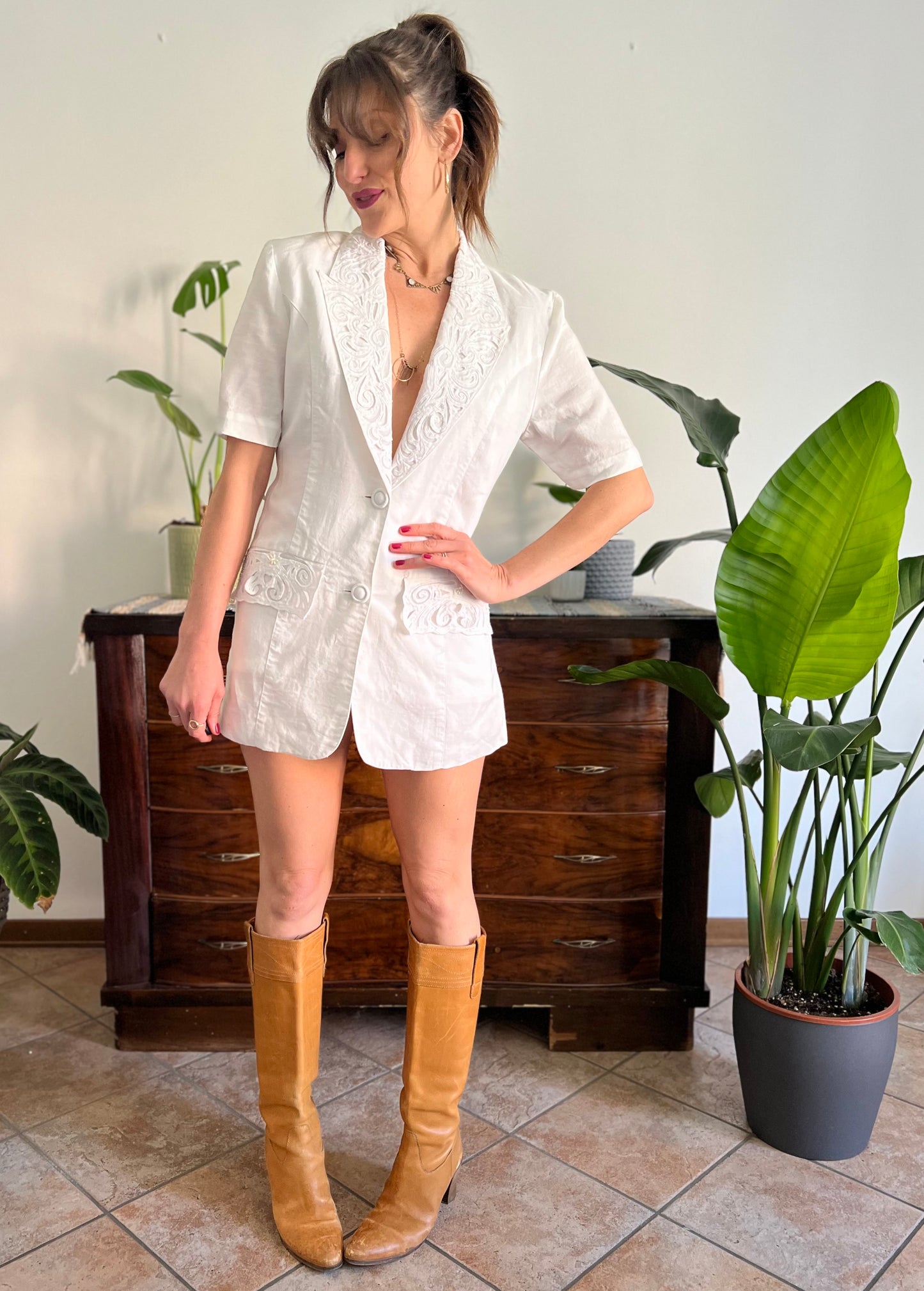 1970's vintage cream mini blazer dress with floral embroidery