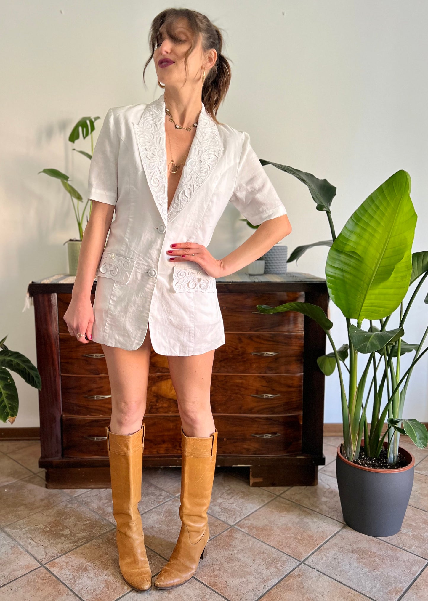 1970's vintage cream mini blazer dress with floral embroidery