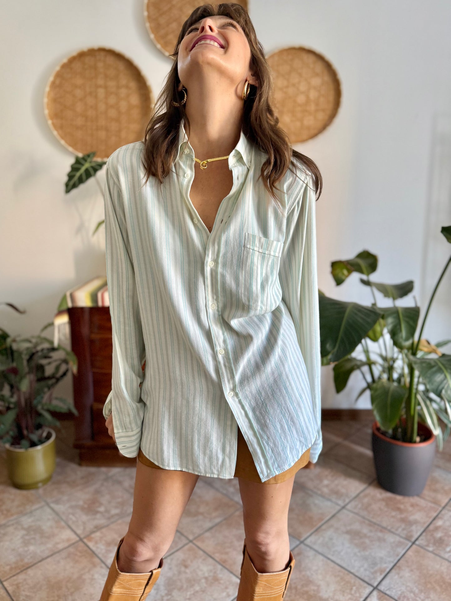 1970's vintage cream, tan and turquoise vertical stripe shirt