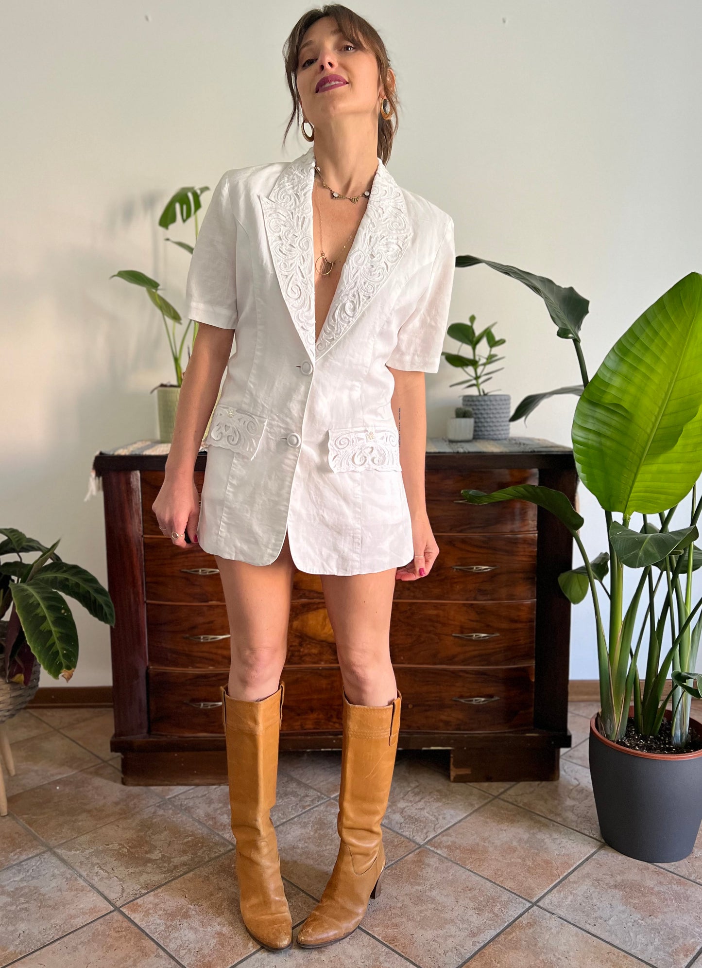 1970's vintage cream mini blazer dress with floral embroidery