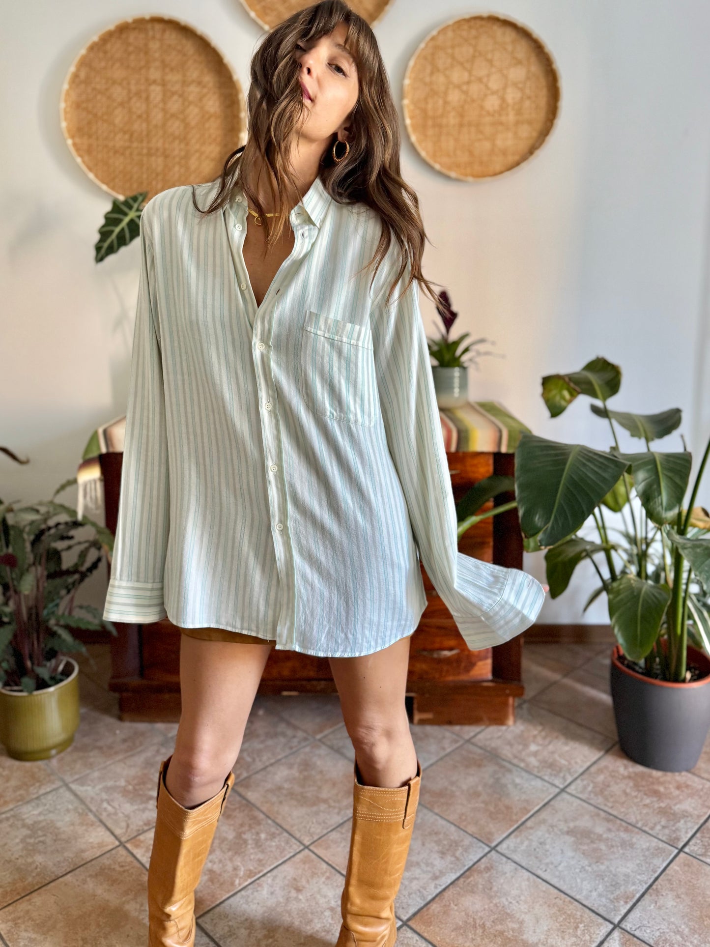 1970's vintage cream, tan and turquoise vertical stripe shirt