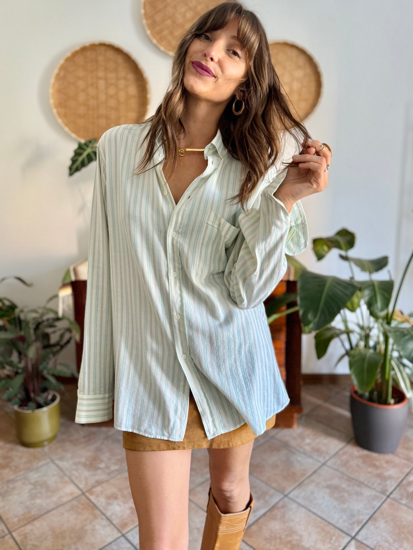 1970's vintage cream, tan and turquoise vertical stripe shirt